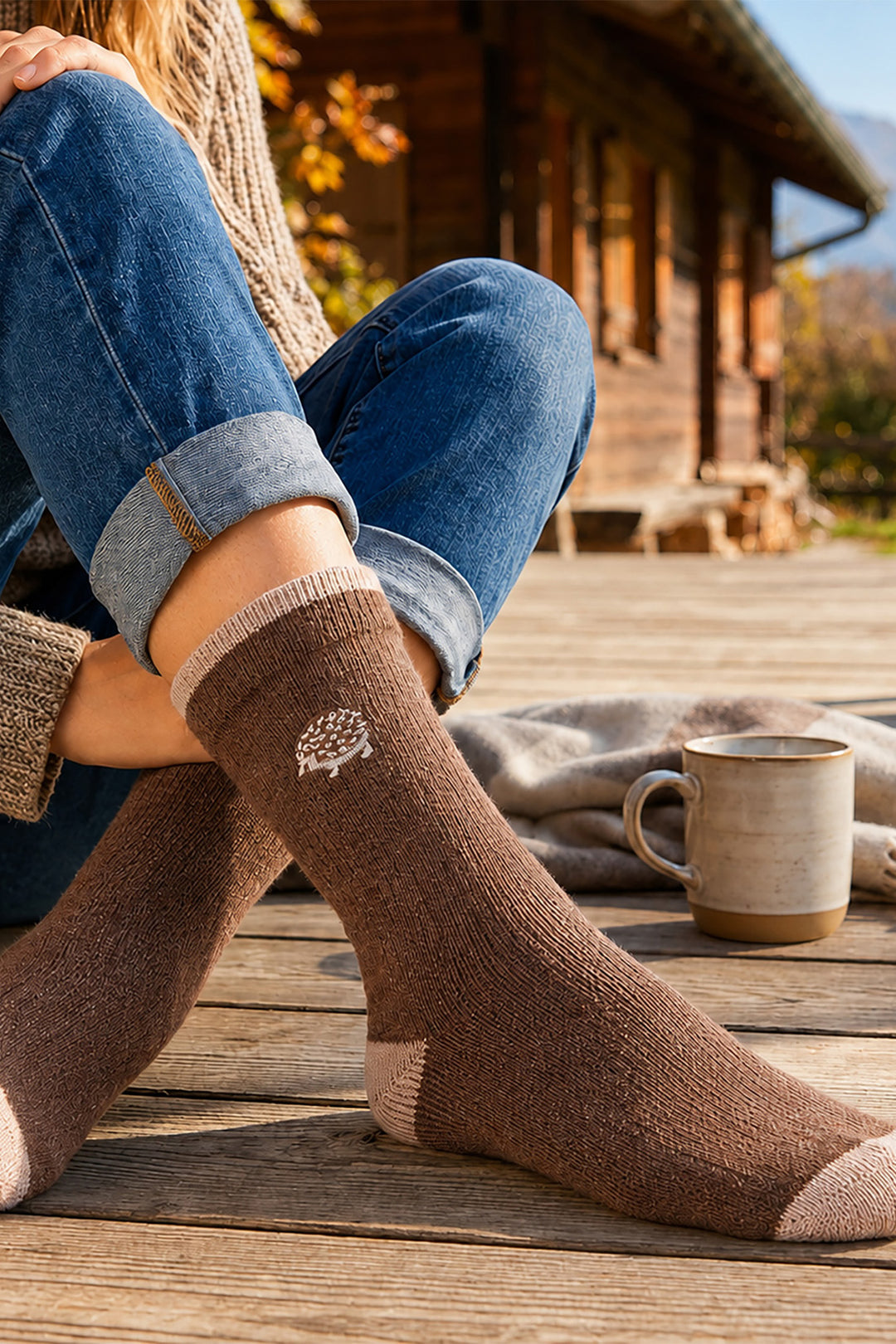 Hedgehog-Embroidered-Wool-Socks-in-Brown