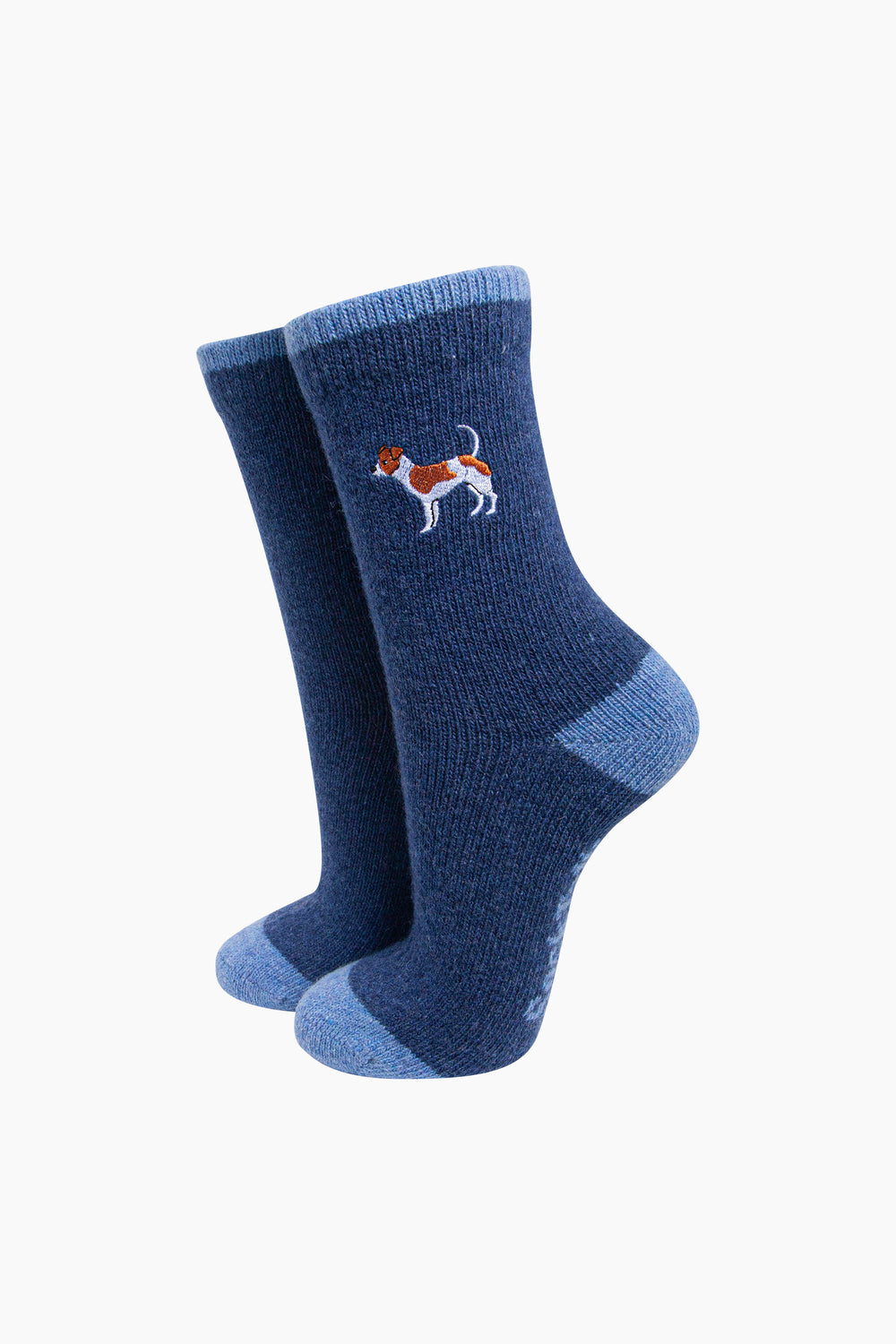 Jack-Russell-Embroidered-Wool-Socks-in-Blue-On-Mannequin