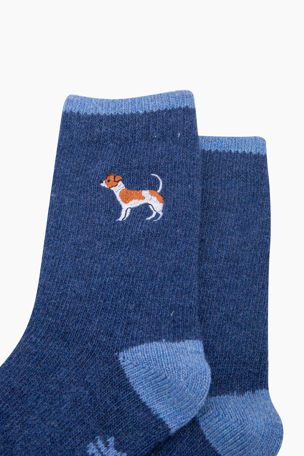 Jack-Russell-Embroidered-Wool-Socks-in-Blue-Close-Up