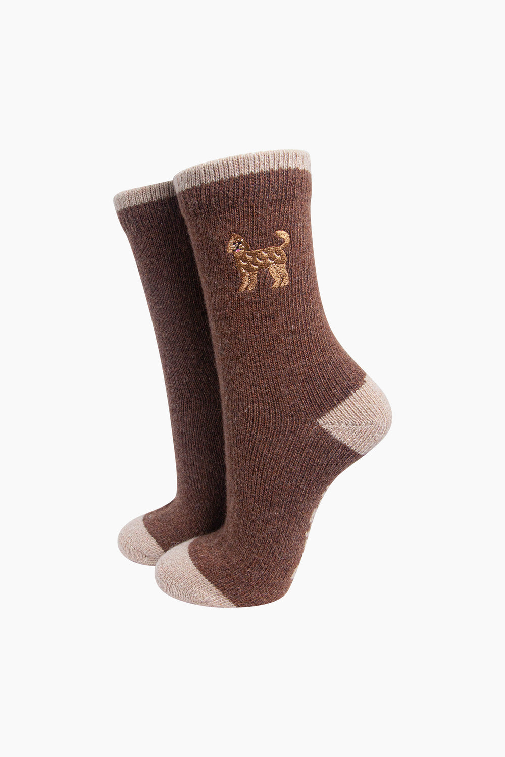 Labradoodle-Embroidered-Wool-Socks-in-Brown-On-Mannequin