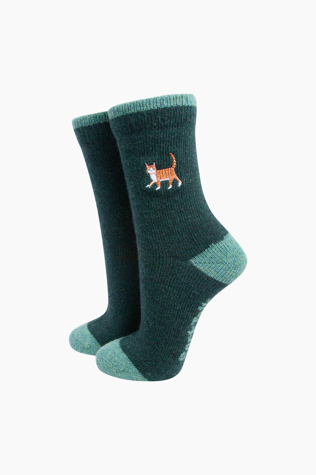 Ginger-Cat-Embroidered-Wool-Socks-in-Forest-Green-On-Mannequin