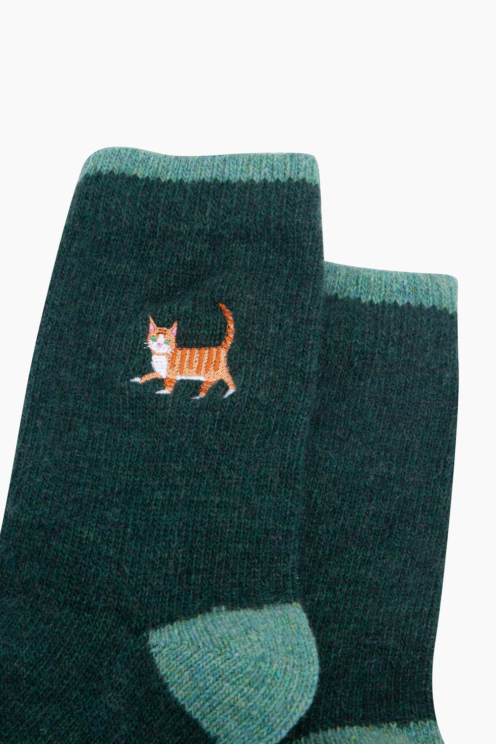 Ginger-Cat-Embroidered-Wool-Socks-in-Forest-Green-Close-Up