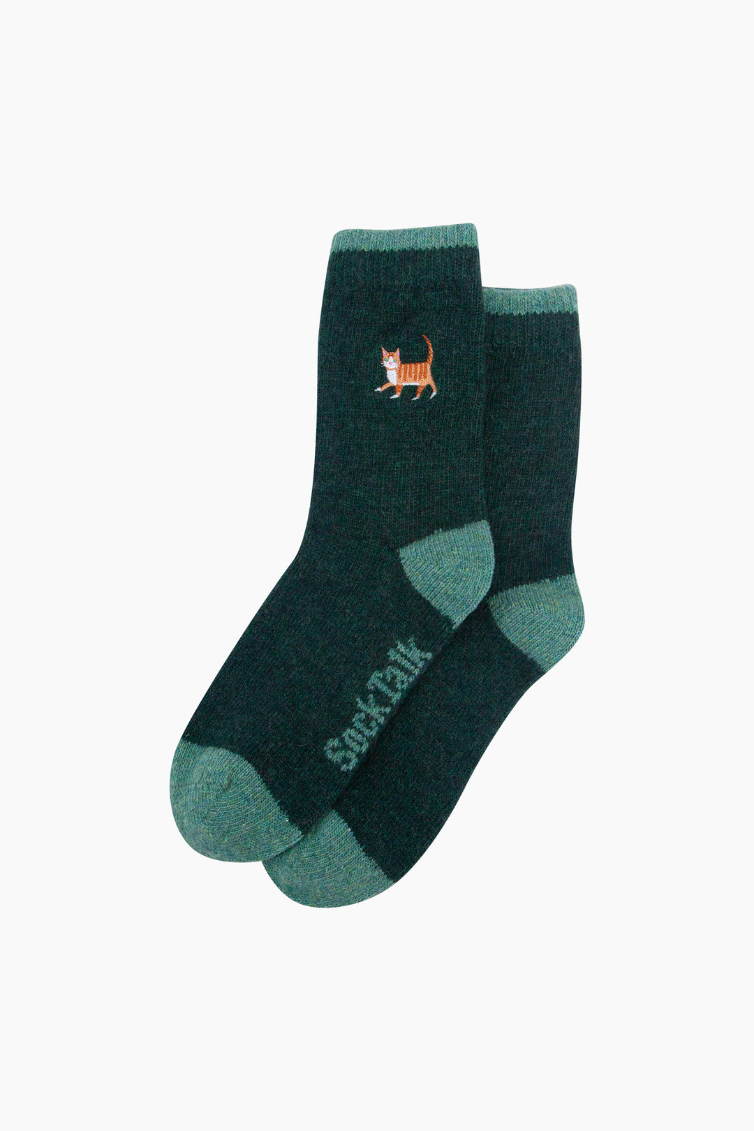 Ginger-Cat-Embroidered-Wool-Socks-in-Forest-Green-Laid-Flat