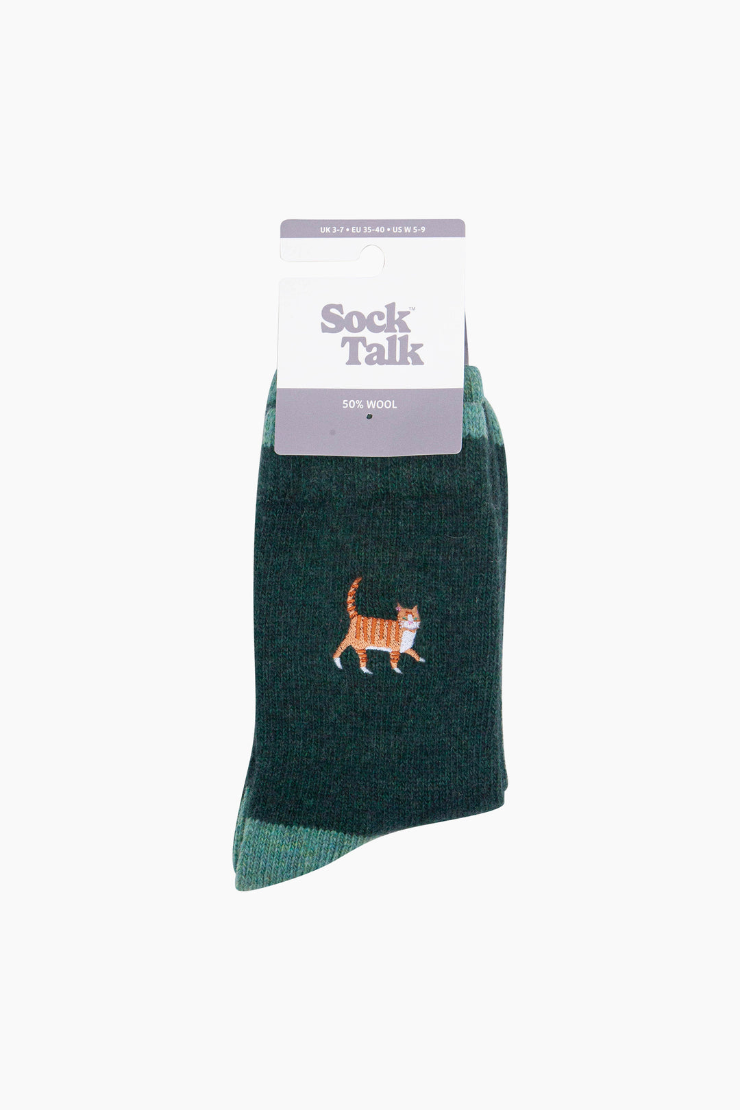 Ginger-Cat-Embroidered-Wool-Socks-in-Forest-Green-In-Packaging