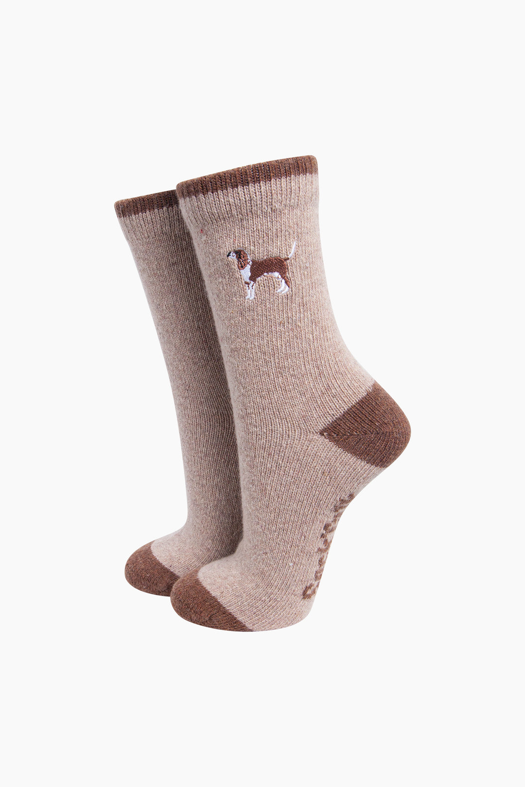 Spaniel-Embroidered-Wool-Socks-in-Beige-On-Mannequin