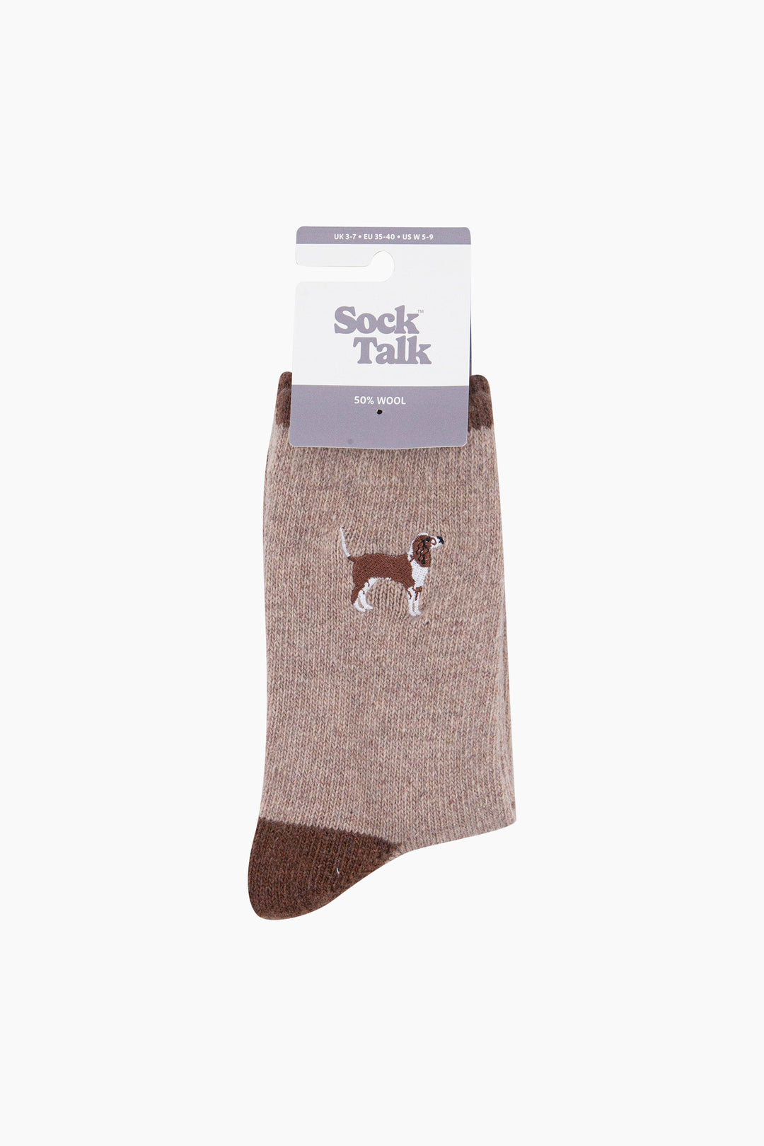 Spaniel-Embroidered-Wool-Socks-in-Beige-In-Packaging