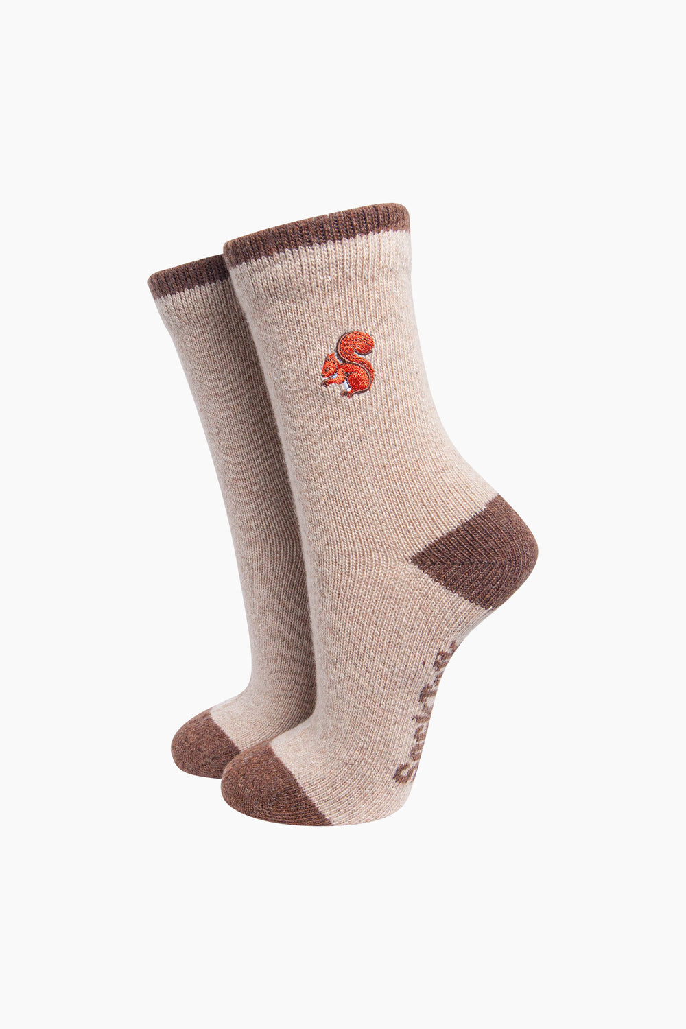 Squirrel-Embroidered-Wool-Socks-in-Oatmeal-On-Mannequin