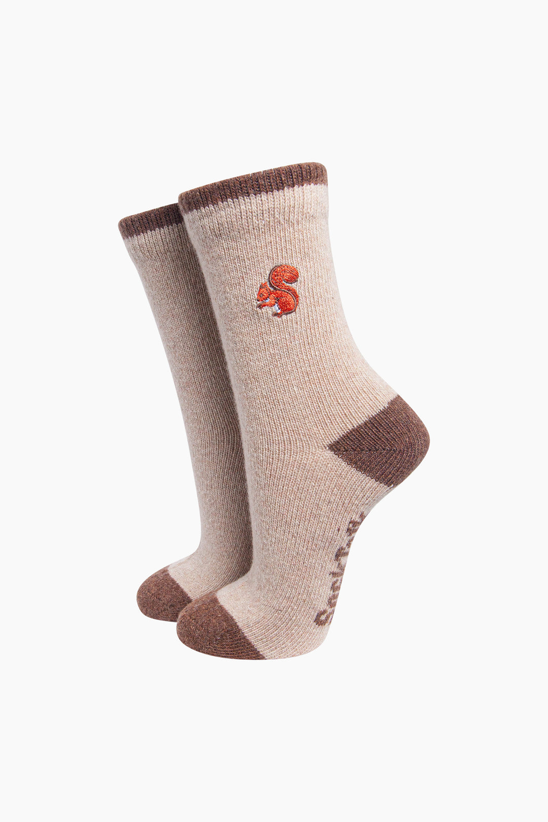 Squirrel-Embroidered-Wool-Socks-in-Oatmeal-On-Mannequin