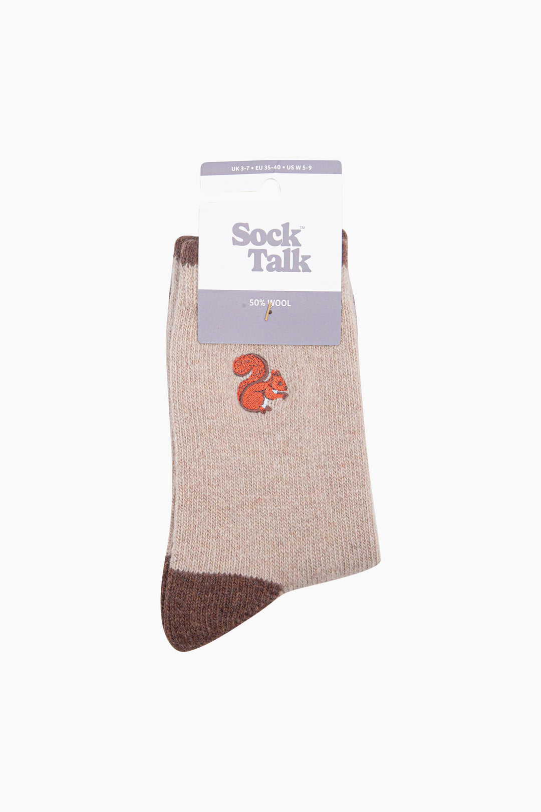 Squirrel-Embroidered-Wool-Socks-in-Oatmeal-In-Packaging
