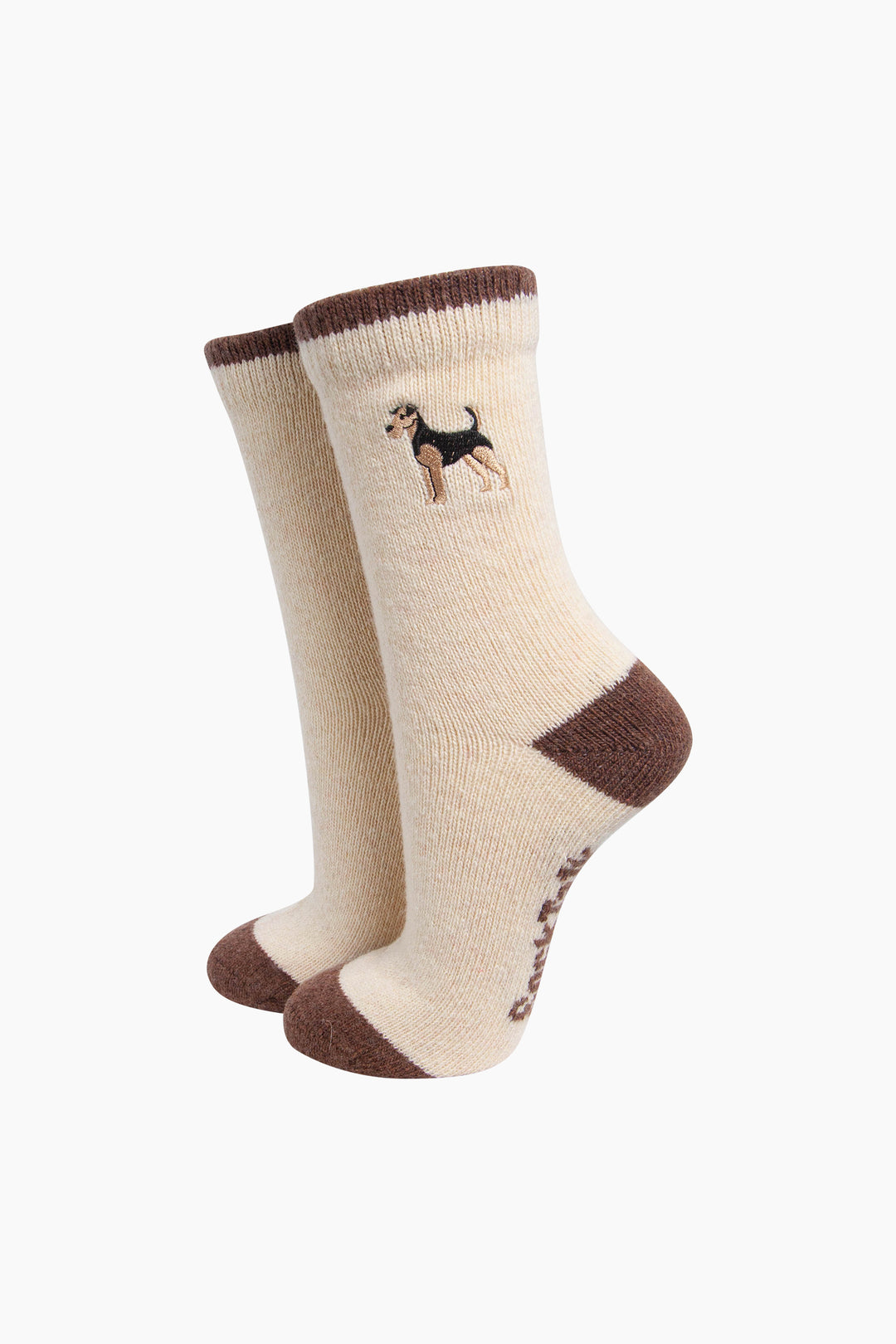 Airedale-Terrier-Embroidered-Wool-Socks-in-Cream-On-Mannequin
