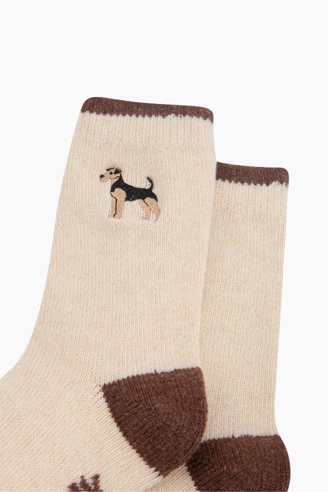 Airedale-Terrier-Embroidered-Wool-Socks-in-Cream-Close-Up