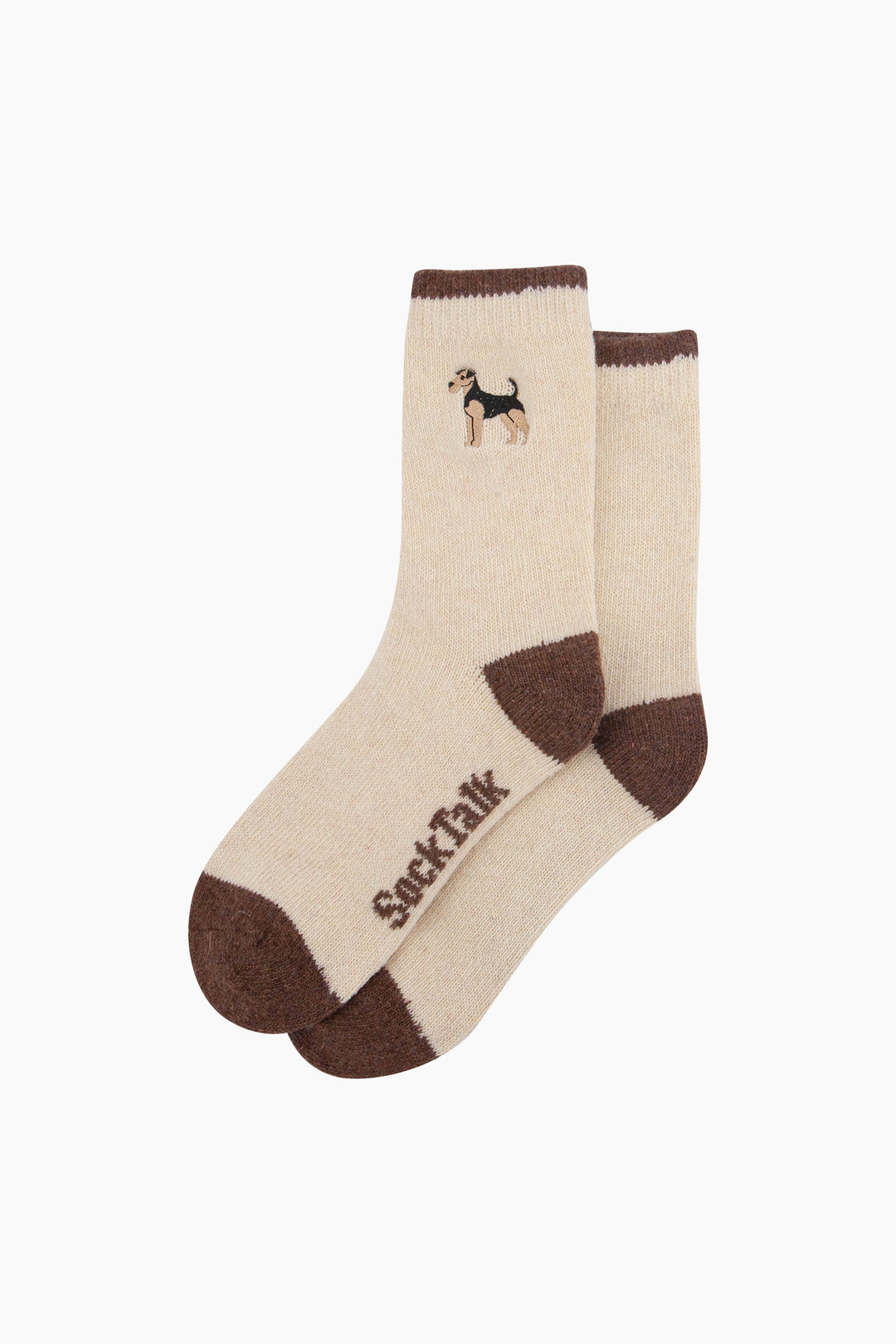 Airedale-Terrier-Embroidered-Wool-Socks-in-Cream-Laid-Flat