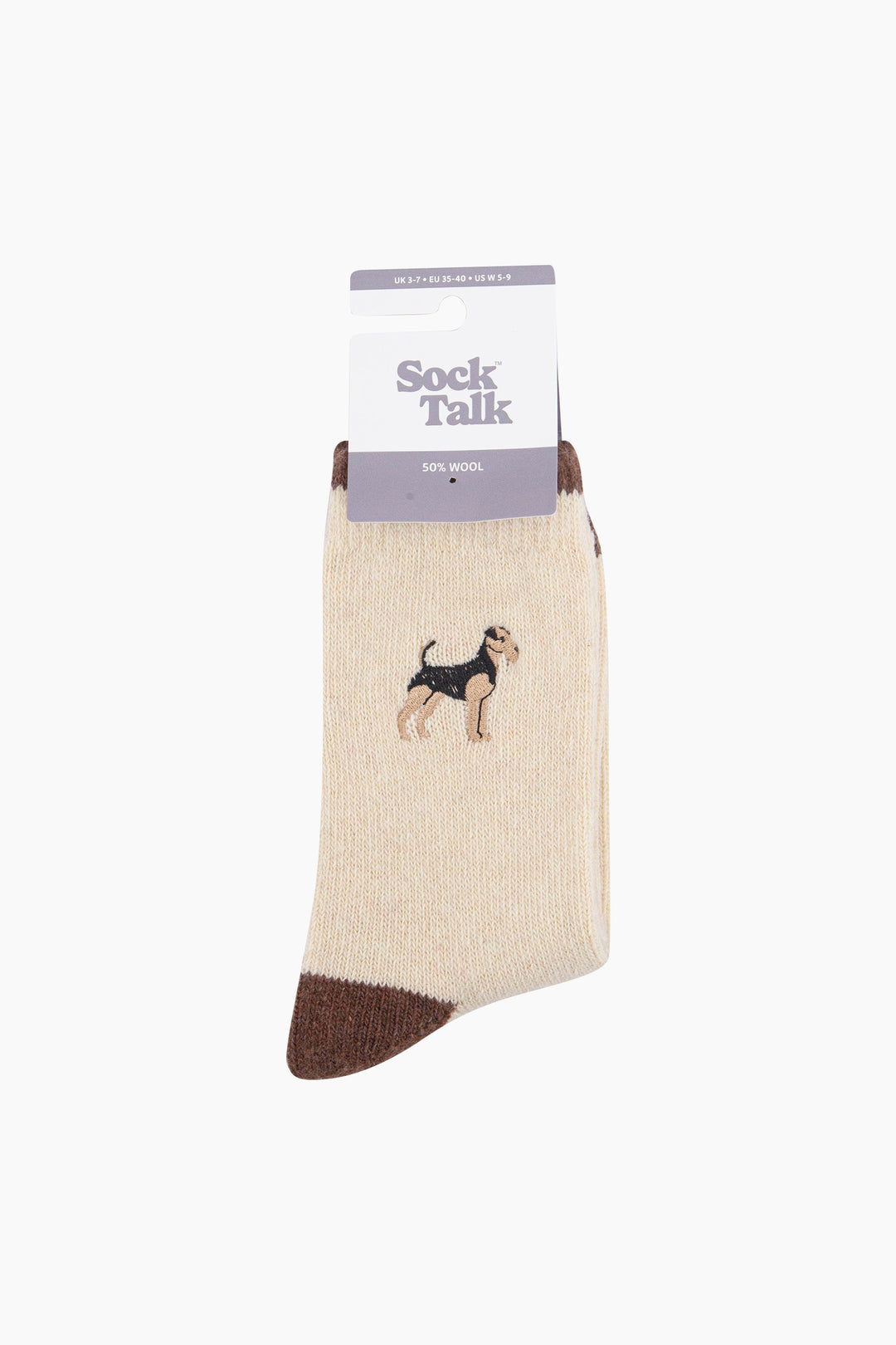 Airedale-Terrier-Embroidered-Wool-Socks-in-Cream-In-Packaging