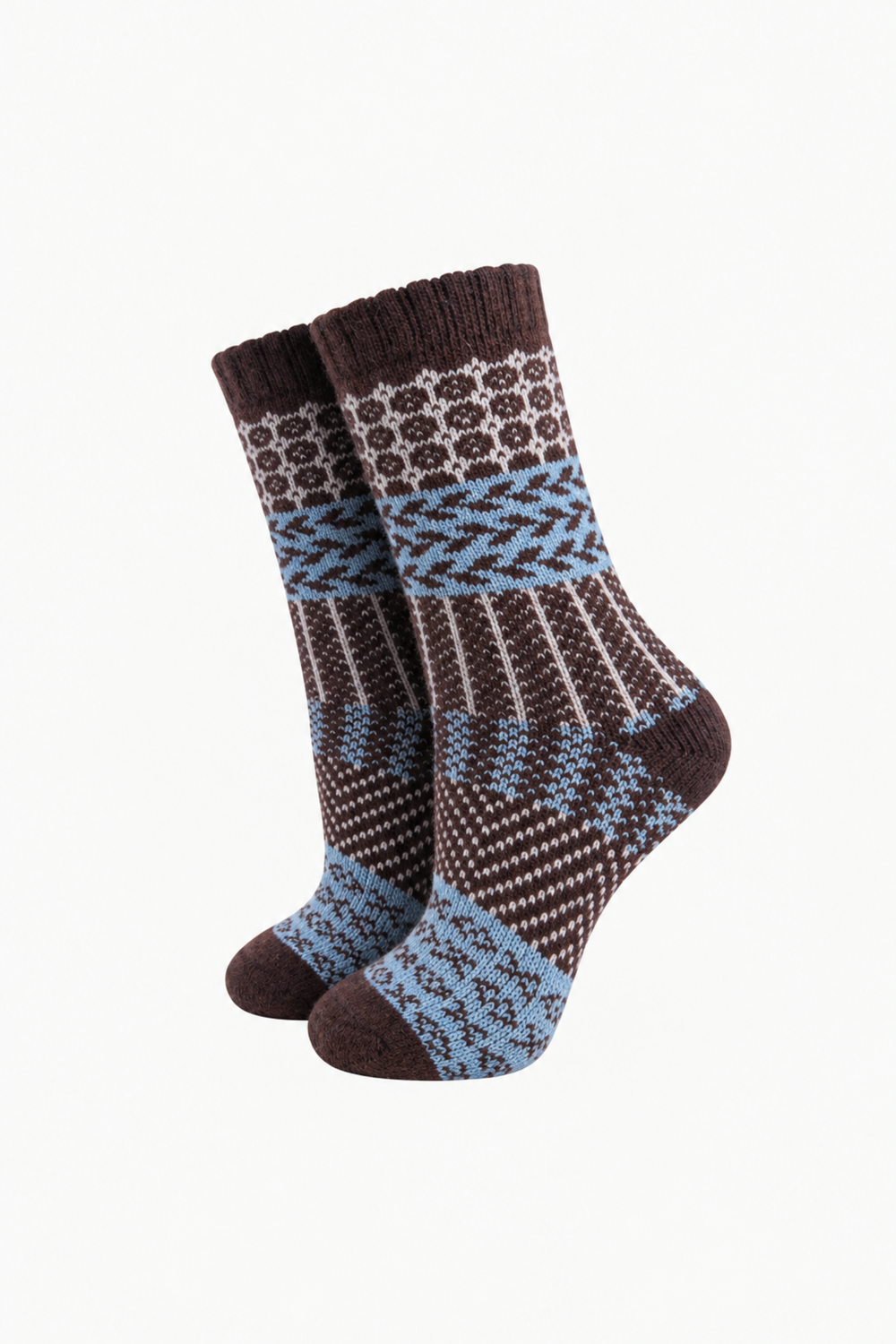 Block-Patterned-Wool-Socks-in-Brown/Sky-Blue