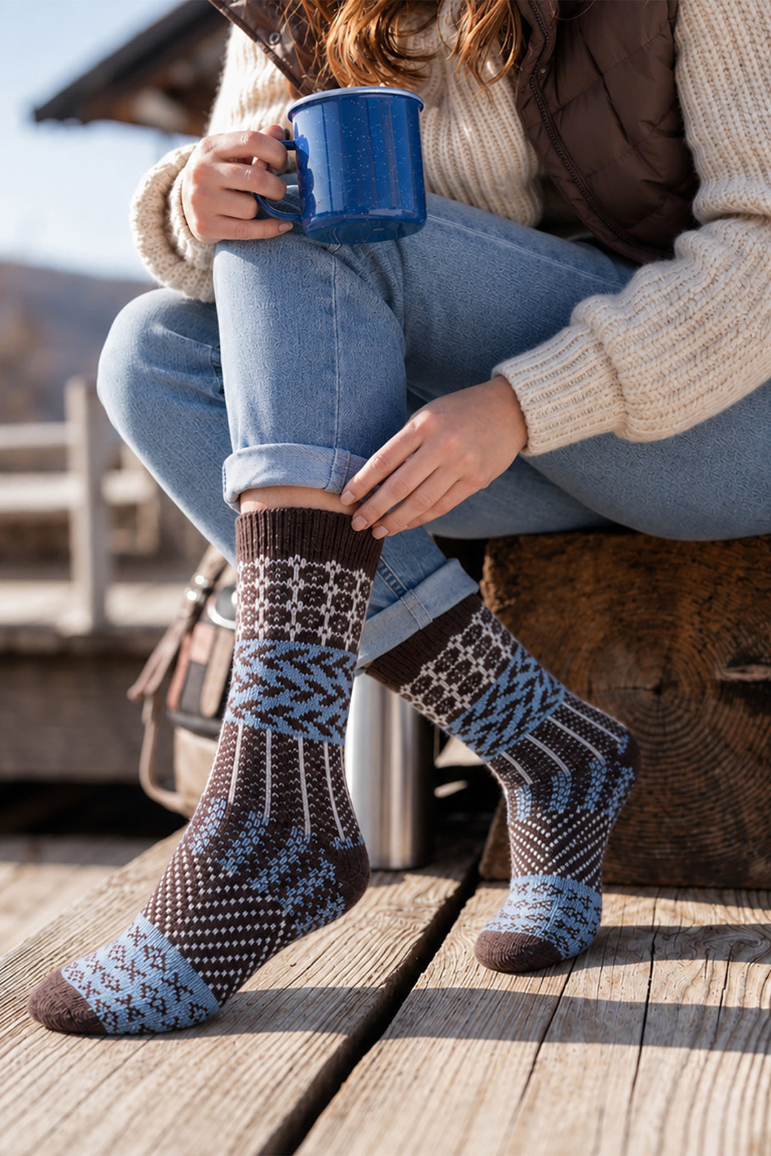 Block-Patterned-Wool-Socks-in-Brown/Sky-Blue