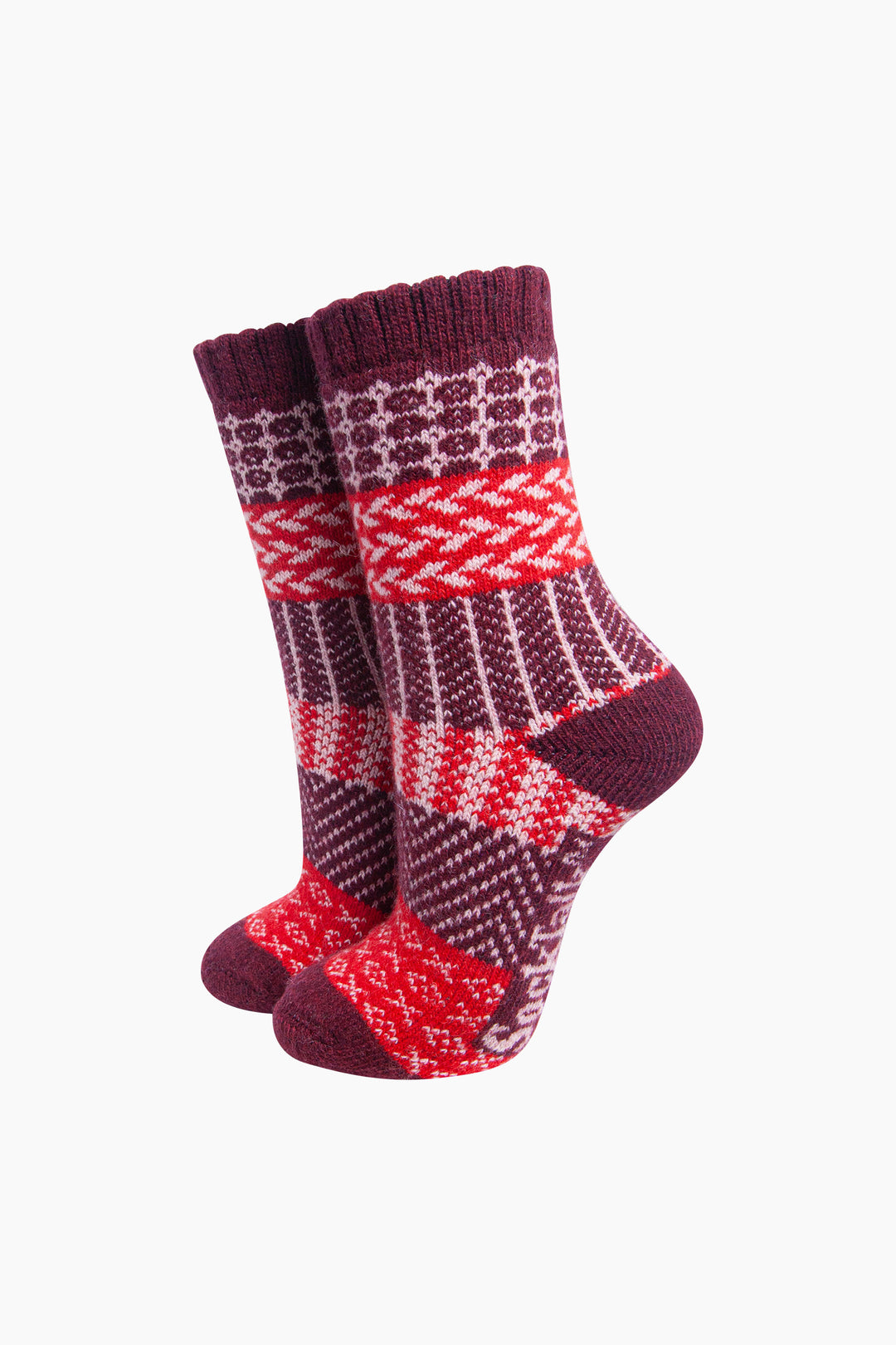 Block-Patterned-Wool-Socks-in-Burgundy/Red-On-Mannequin