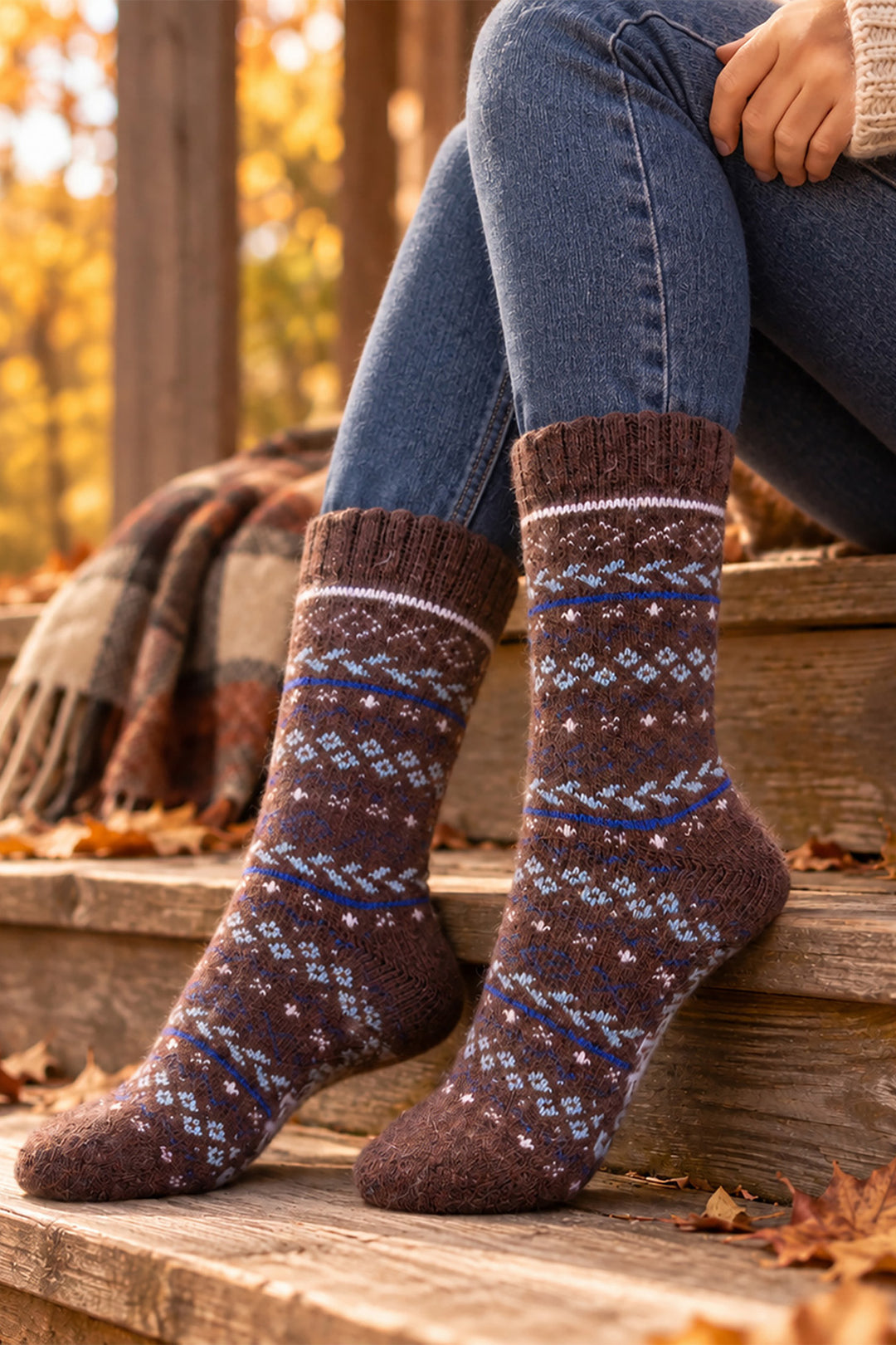 Fair-Isle-Patterned-Wool-Socks-in-Brown