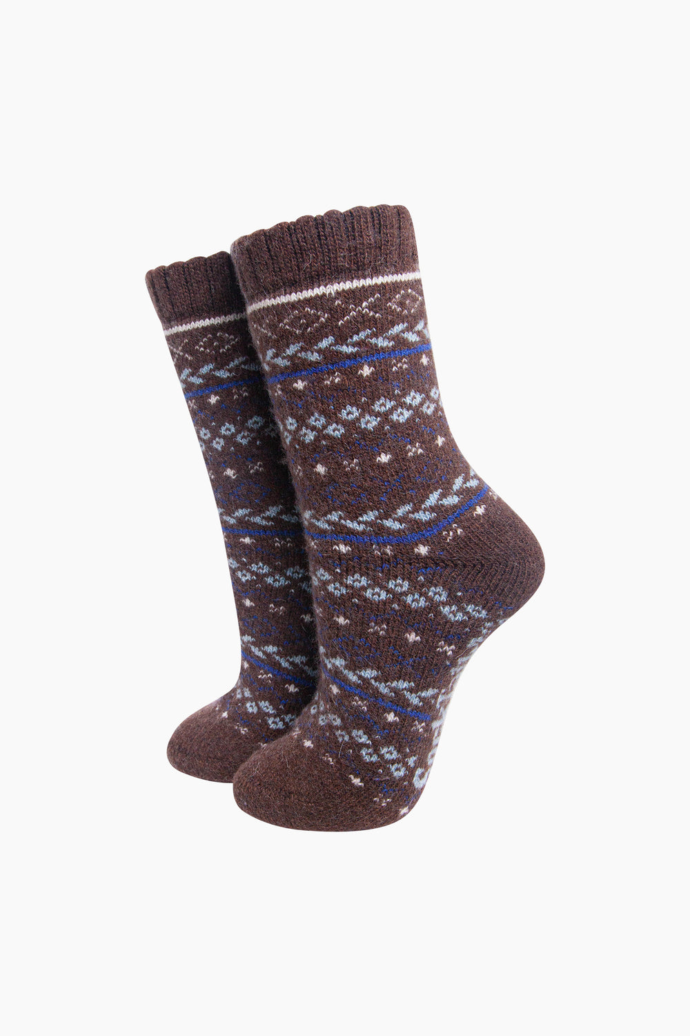 Fair-Isle-Patterned-Wool-Socks-in-Brown-On-Mannequin