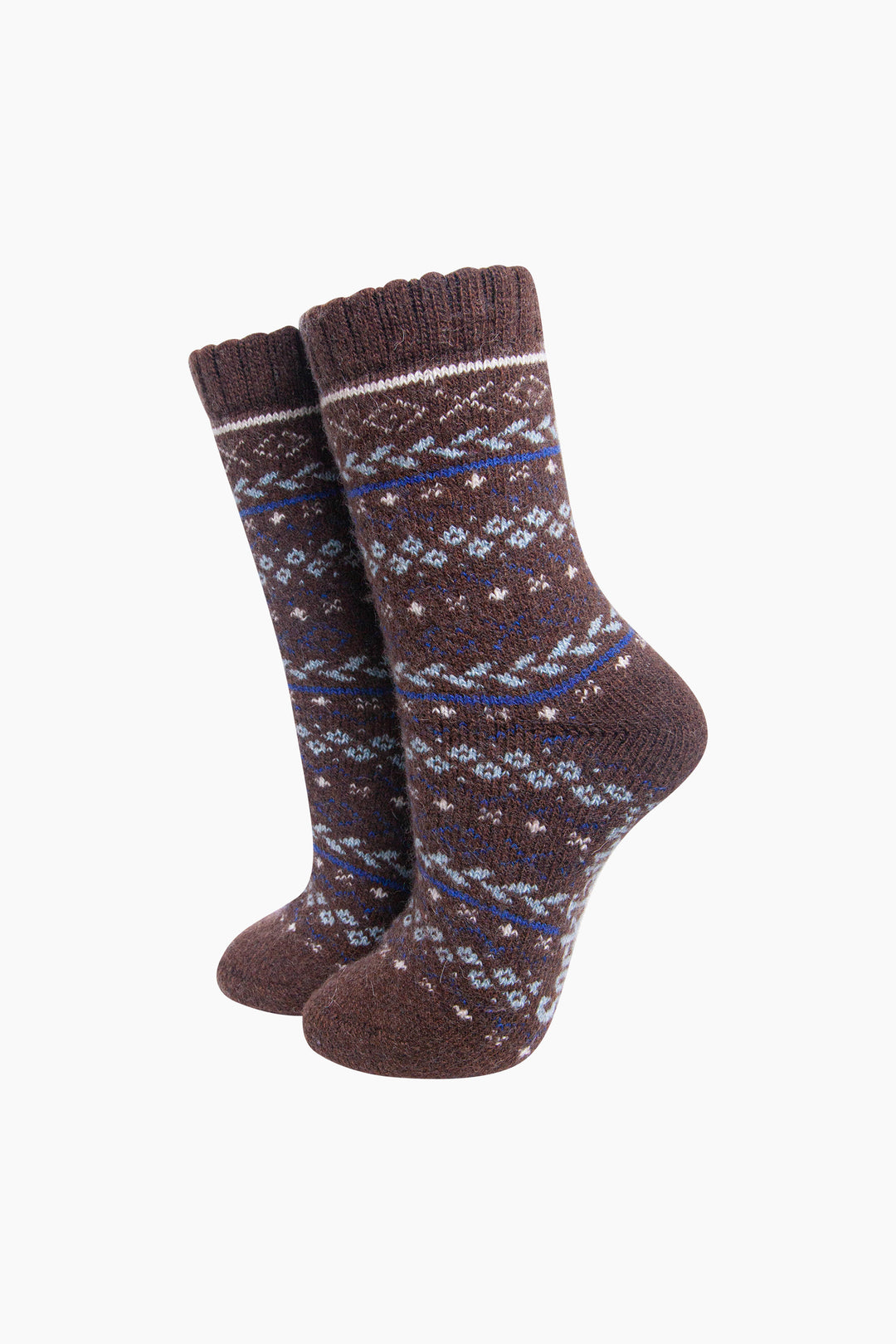 Fair-Isle-Patterned-Wool-Socks-in-Brown-On-Mannequin