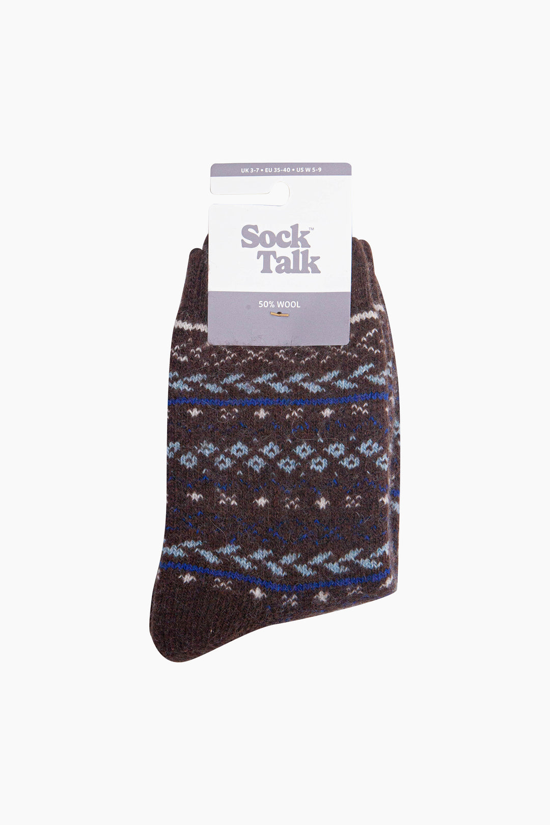 Fair-Isle-Patterned-Wool-Socks-in-Brown-In-Packaging