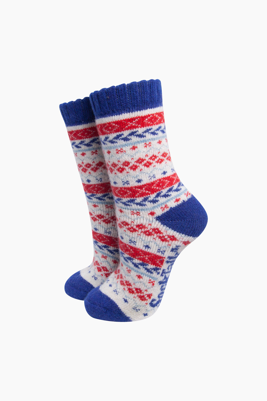 Fair-Isle-Patterned-Wool-Socks-in-Cream/Blue/Red-On-Mannequin