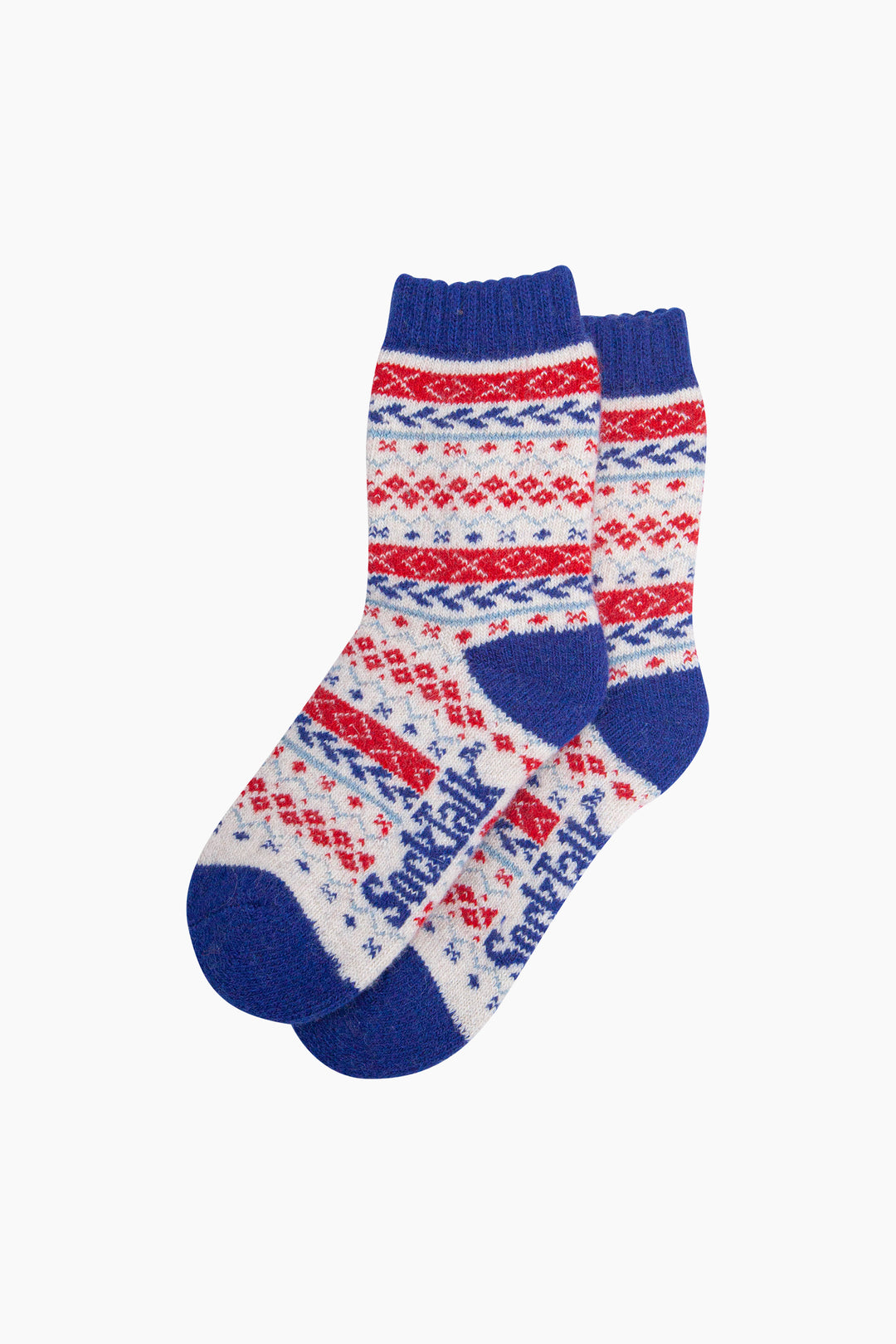 Fair-Isle-Patterned-Wool-Socks-in-Cream/Blue/Red-Laid-Flat