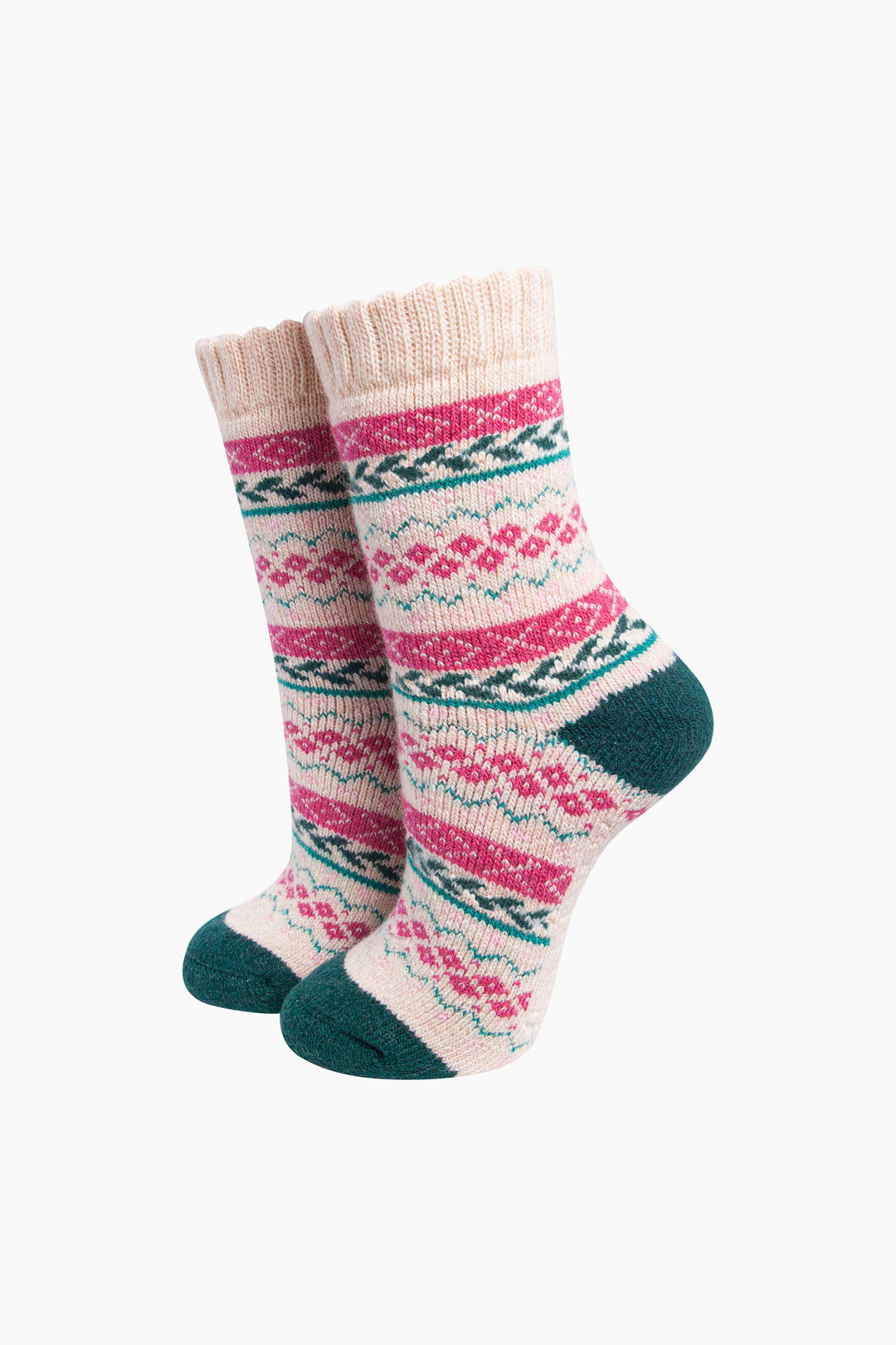 Fair-Isle-Patterned-Wool-Socks-in-Raspberry/Green-On-Mannequin