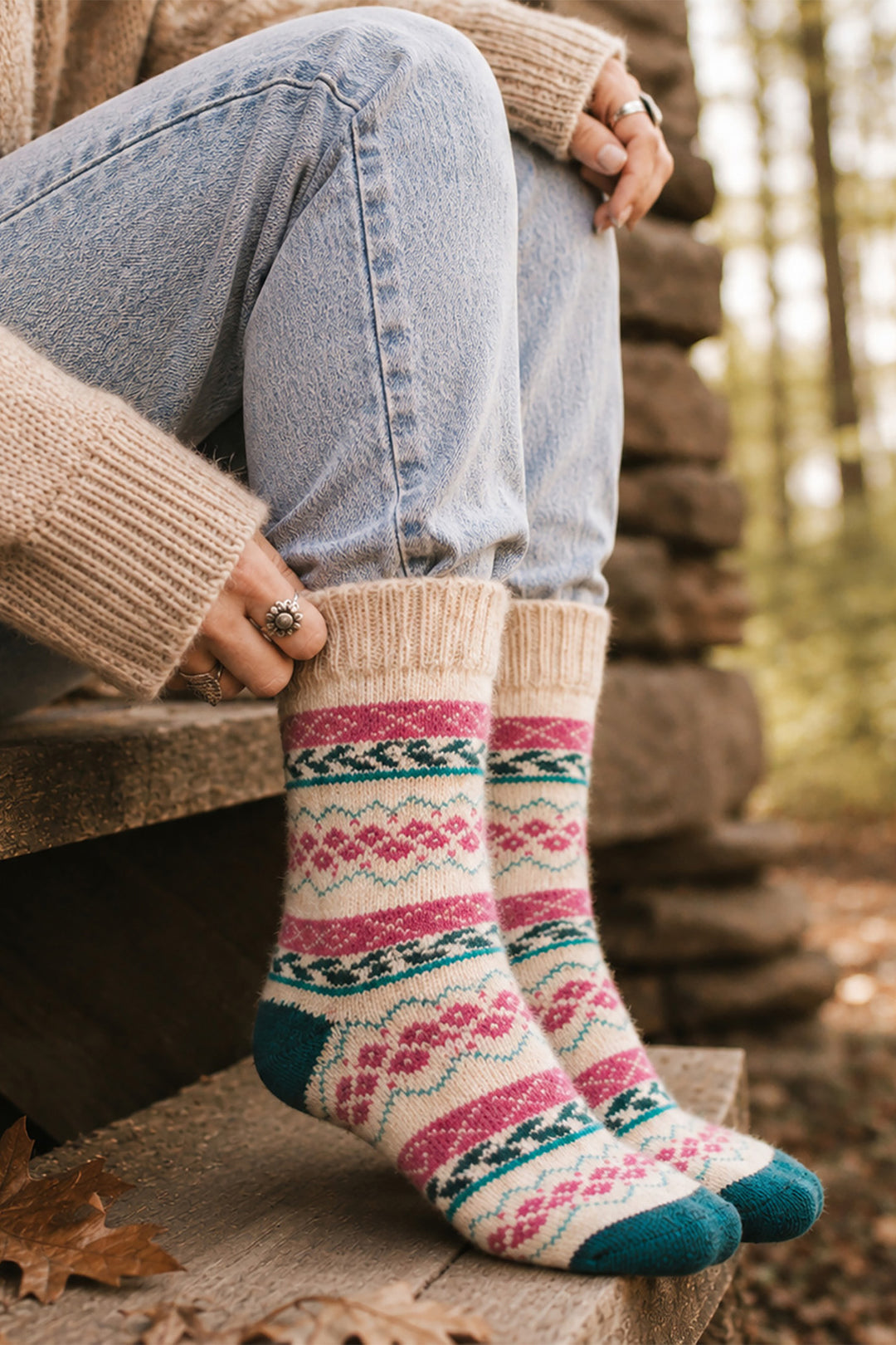 Fair-Isle-Patterned-Wool-Socks-in-Raspberry/Green