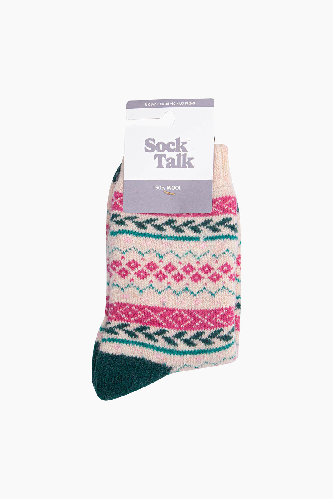 Fair-Isle-Patterned-Wool-Socks-in-Raspberry/Green-In-Packaging