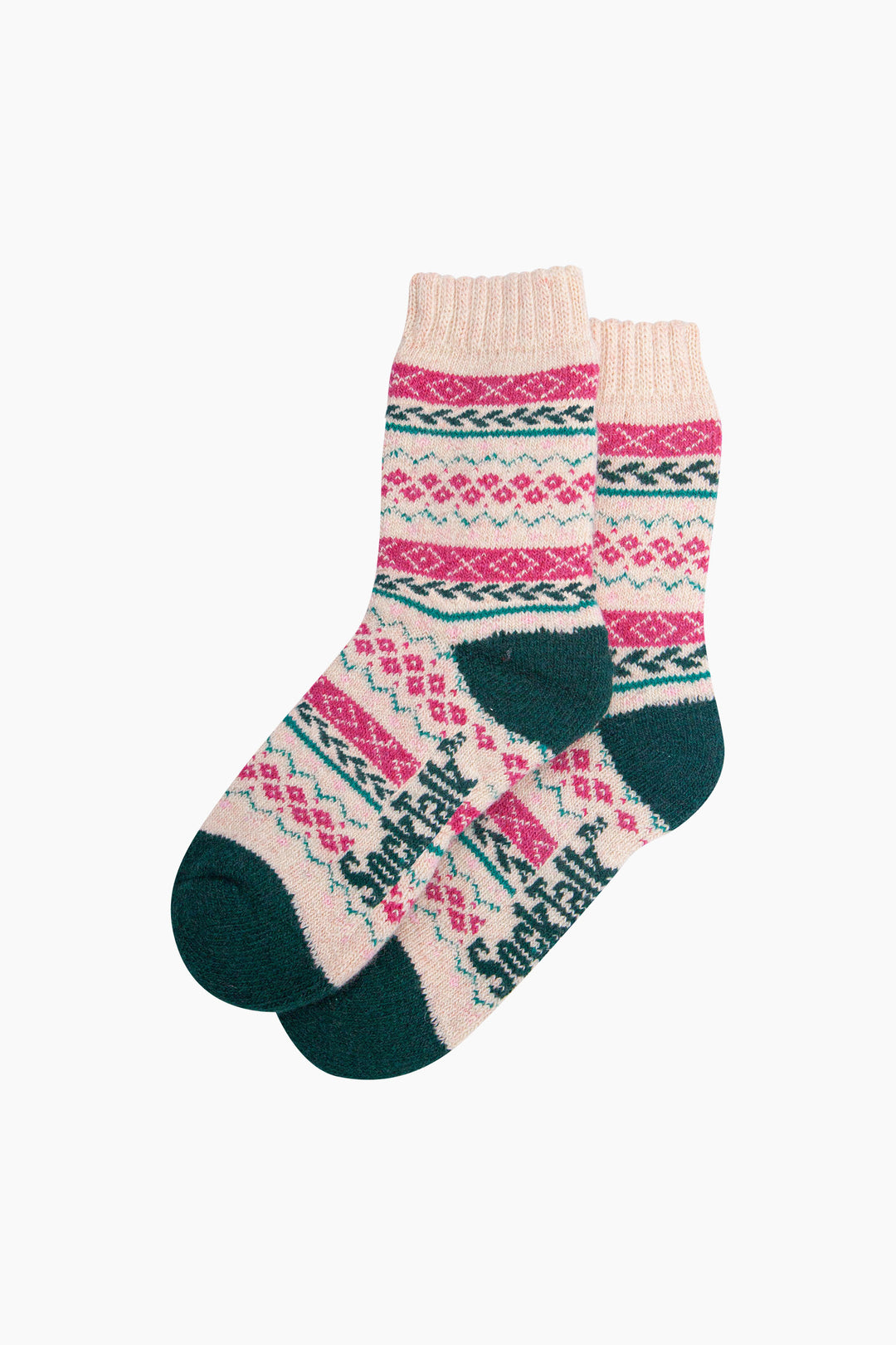 Fair-Isle-Patterned-Wool-Socks-in-Raspberry/Green-Laid-Flat