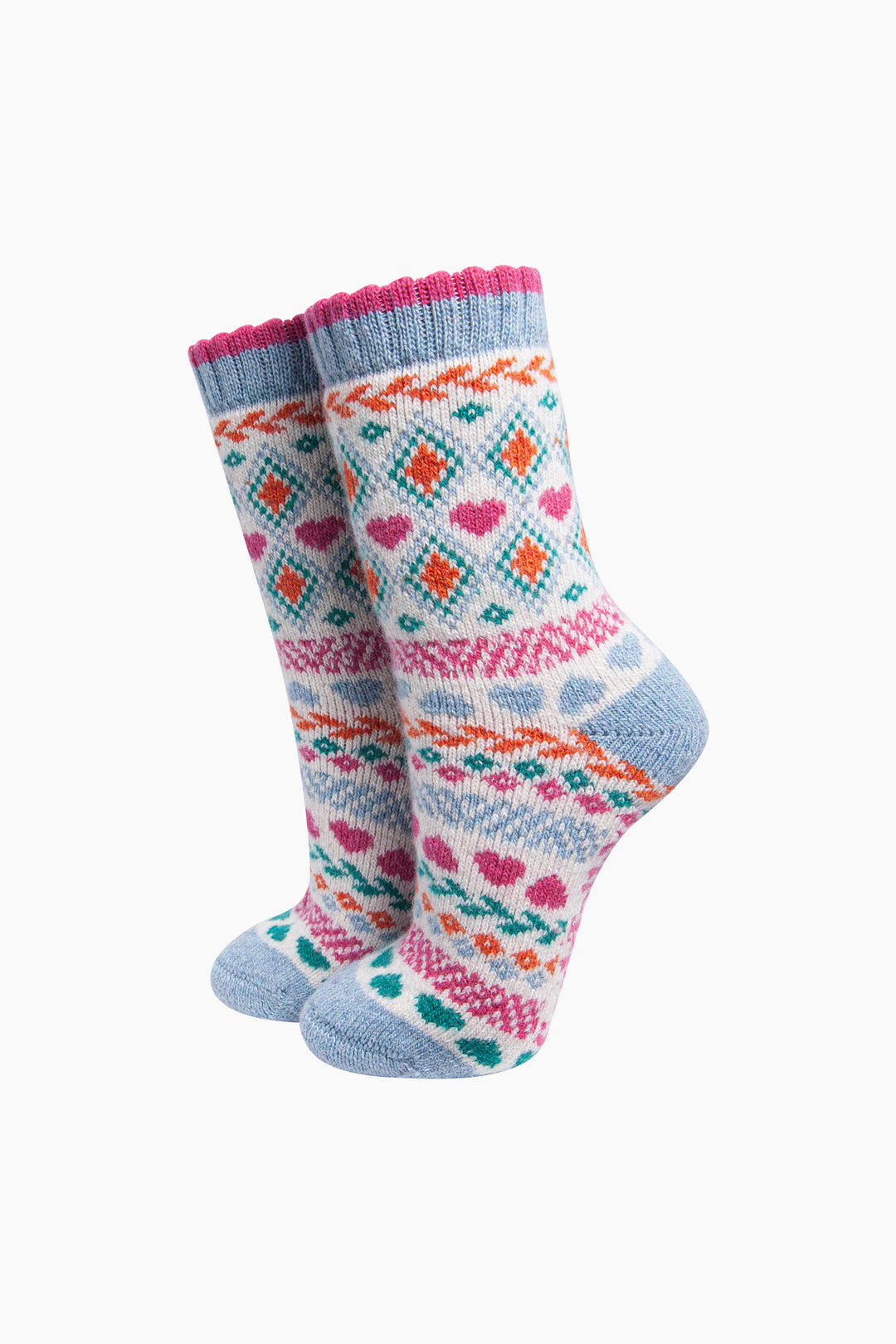 Scandi-Heart-Patterned-Wool-Socks-in-Red/Cream-On-Mannequin