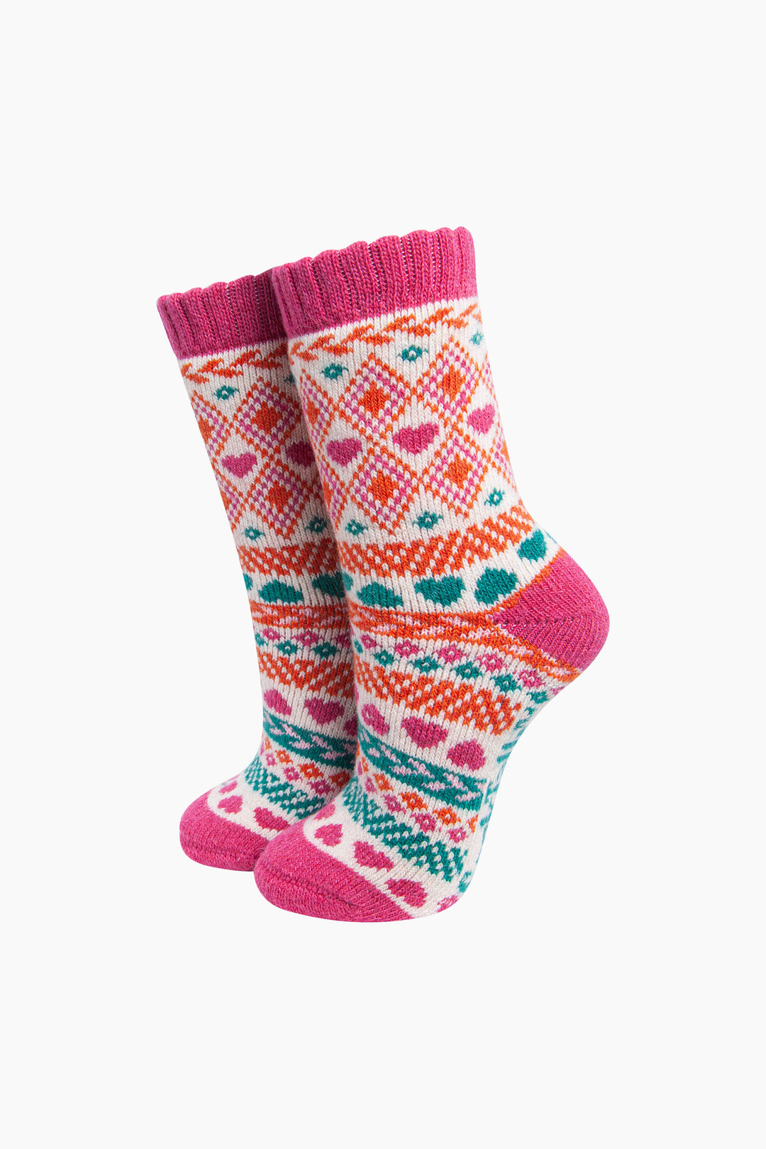 Heart-Fair-Isle-Patterned-Wool-Socks-in-Raspberry-On-Mannequin
