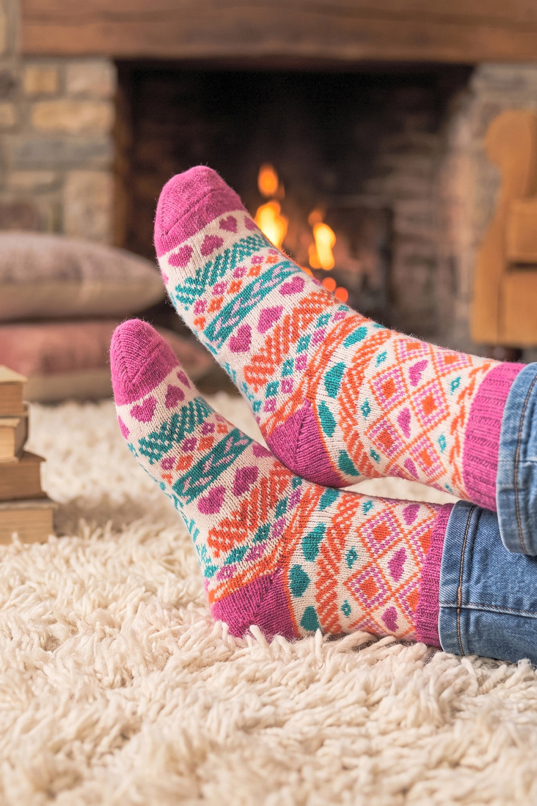 Heart-Fair-Isle-Patterned-Wool-Socks-in-Raspberry