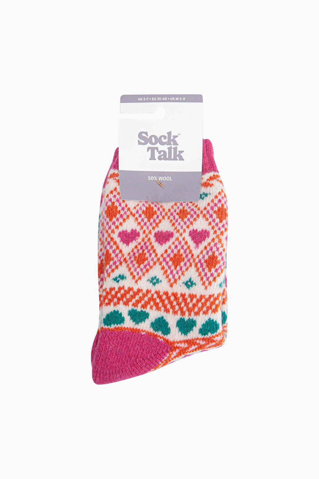 Heart-Fair-Isle-Patterned-Wool-Socks-in-Raspberry-In-Packaging