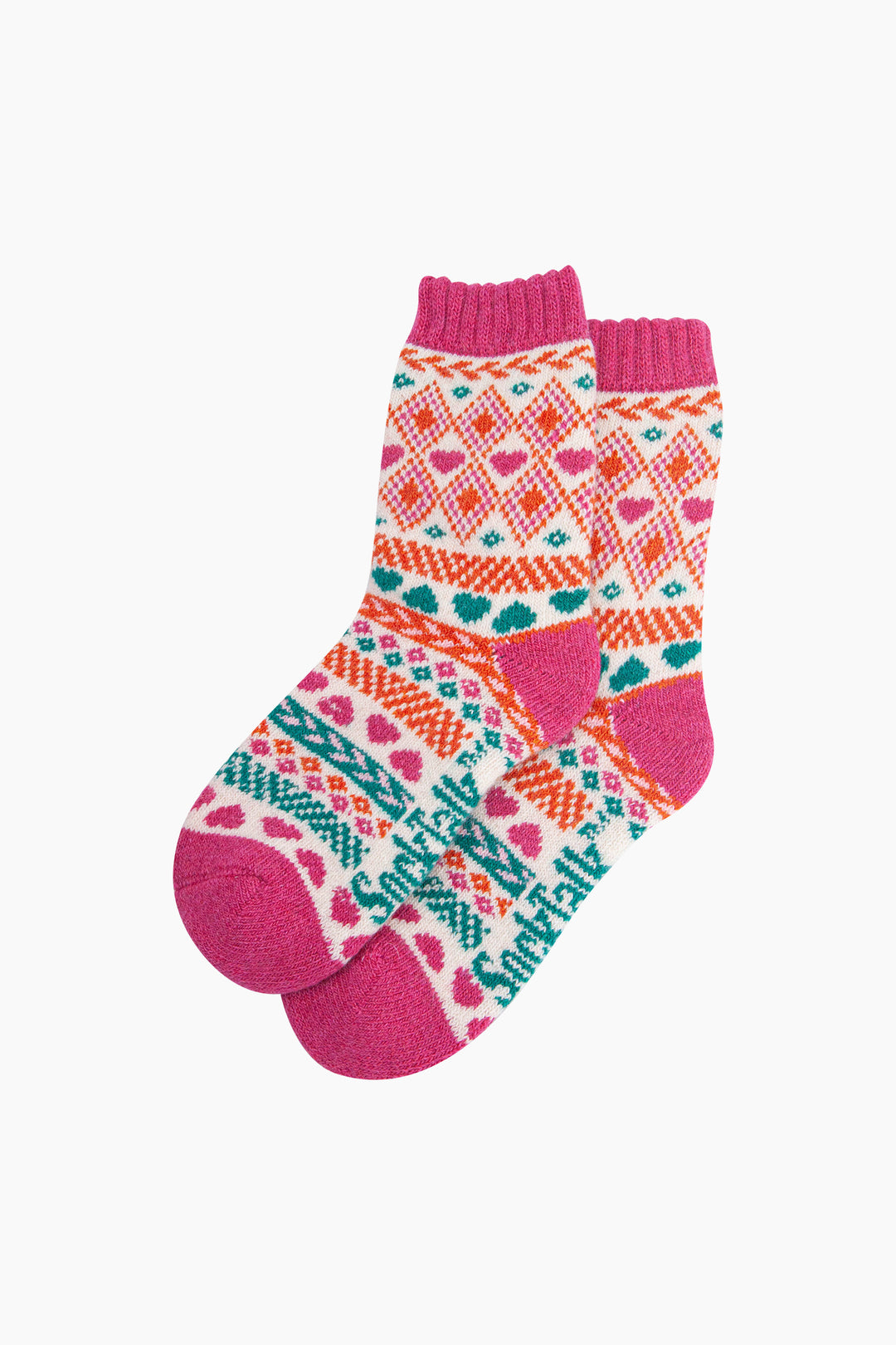 Heart-Fair-Isle-Patterned-Wool-Socks-in-Raspberry-Laid-Flat