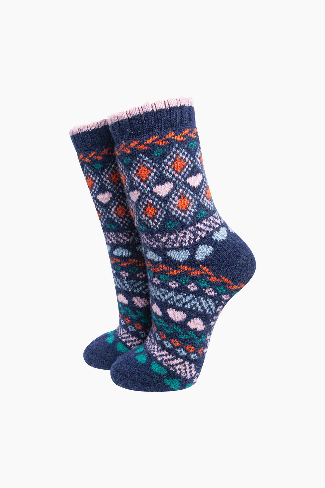 Heart-Fair-Isle-Patterned-Wool-Socks-in-Navy-Blue/Multi-On-Mannequin