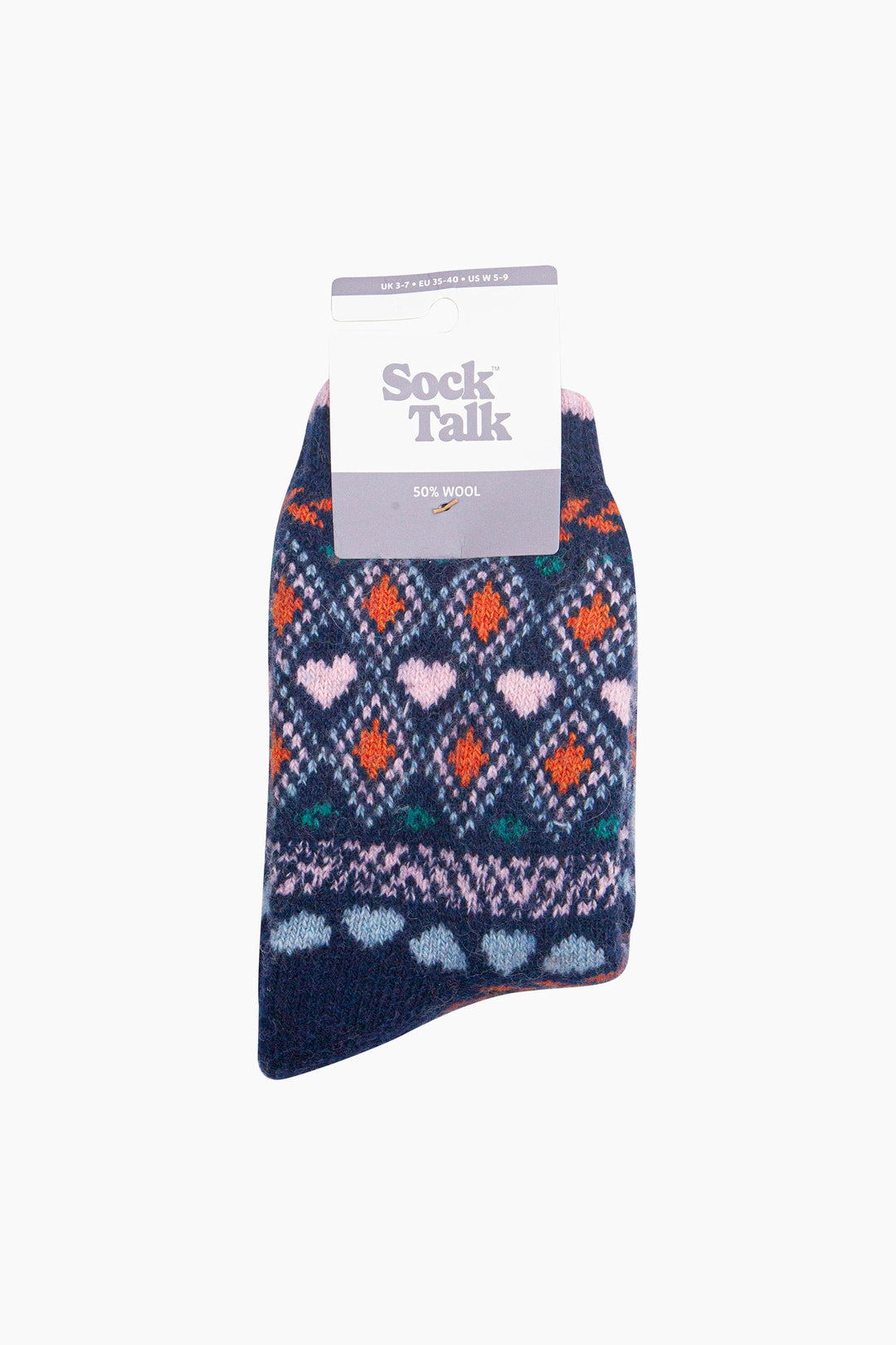 Heart-Fair-Isle-Patterned-Wool-Socks-in-Navy-Blue/Multi-In-Packaging