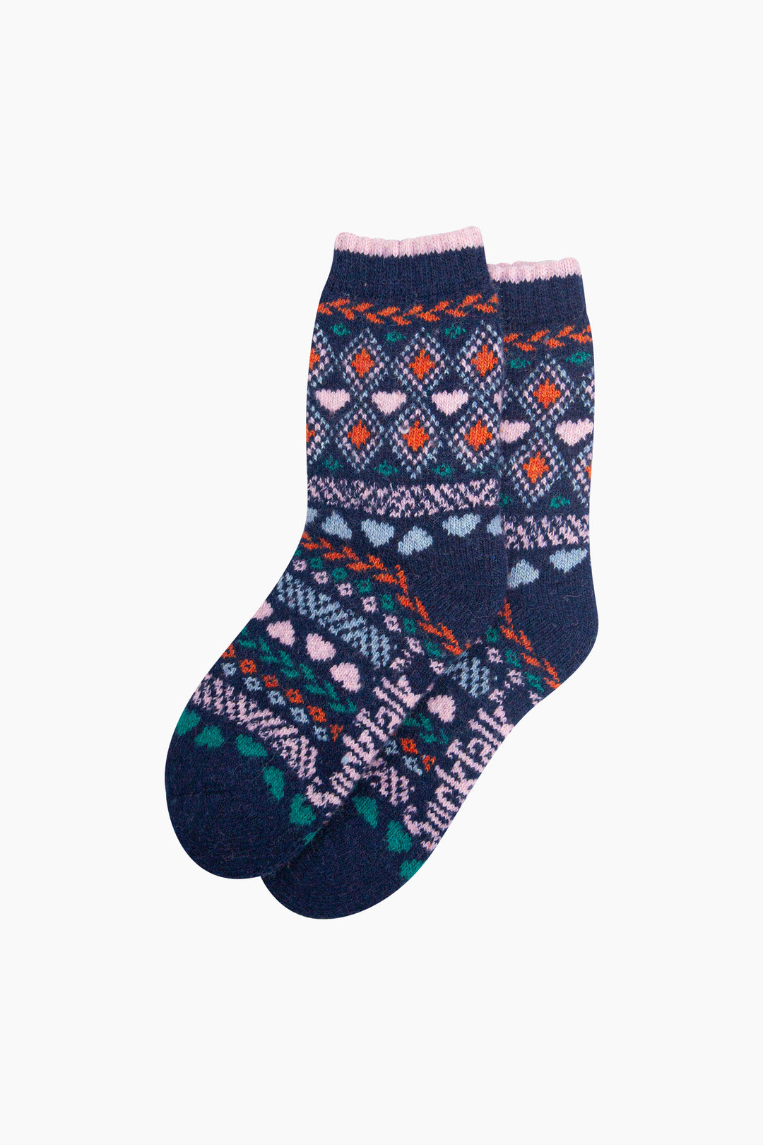 Heart-Fair-Isle-Patterned-Wool-Socks-in-Navy-Blue/Multi-Laid-Flat