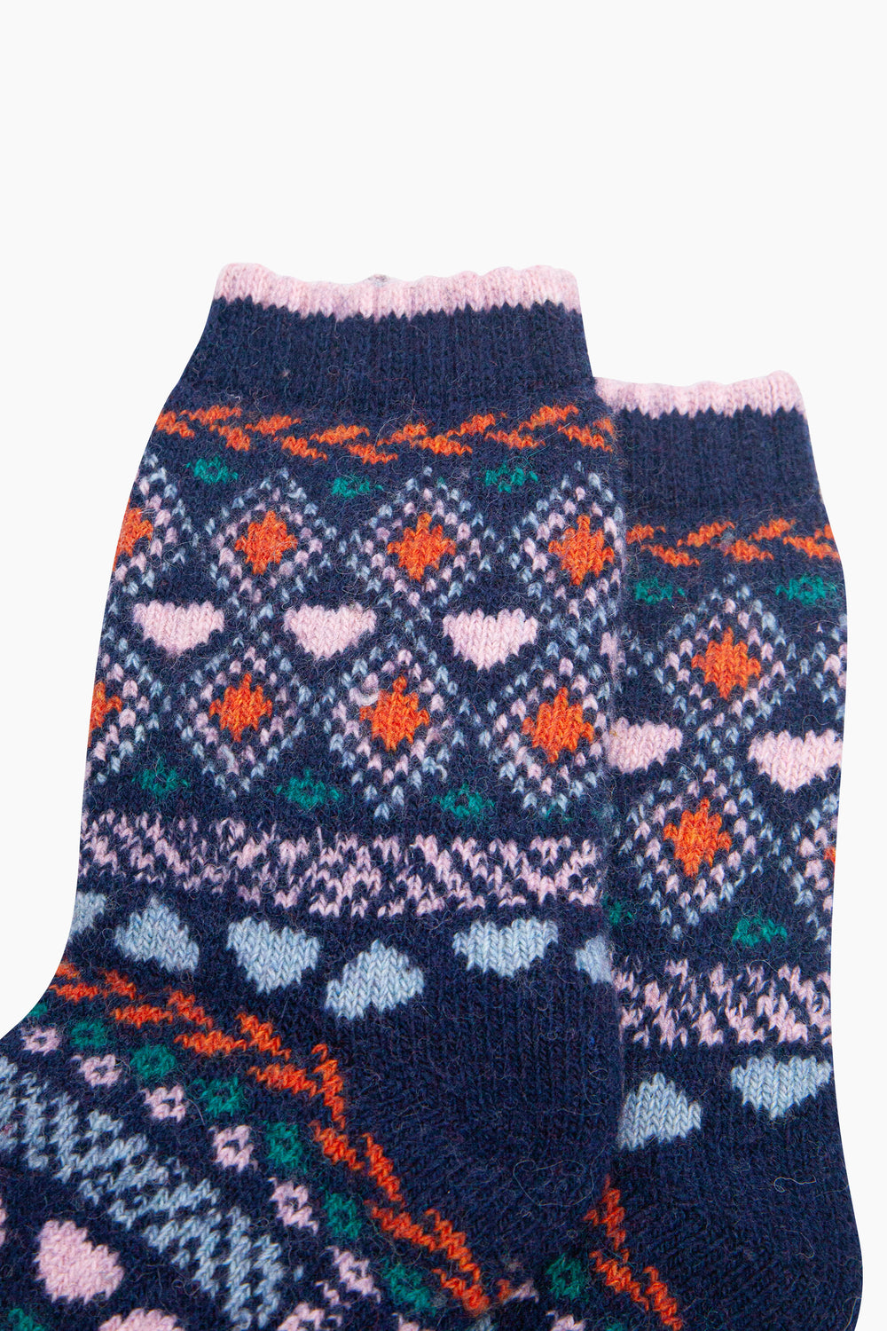 Heart-Fair-Isle-Patterned-Wool-Socks-in-Navy-Blue/Multi-Close-Up