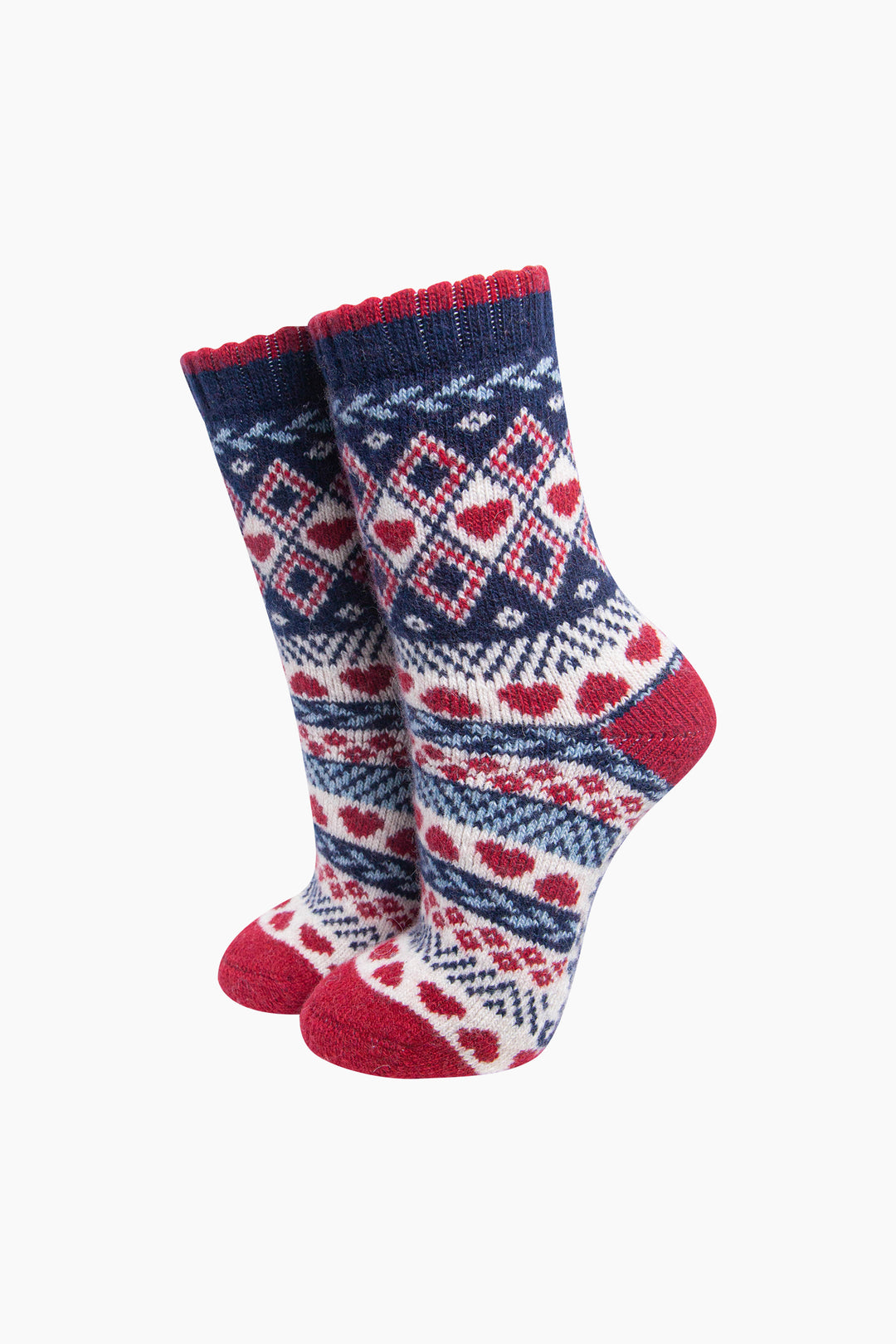 Heart-Fair-Isle-Patterned-Wool-Socks-in-Navy-Blue/Red-On-Mannequin