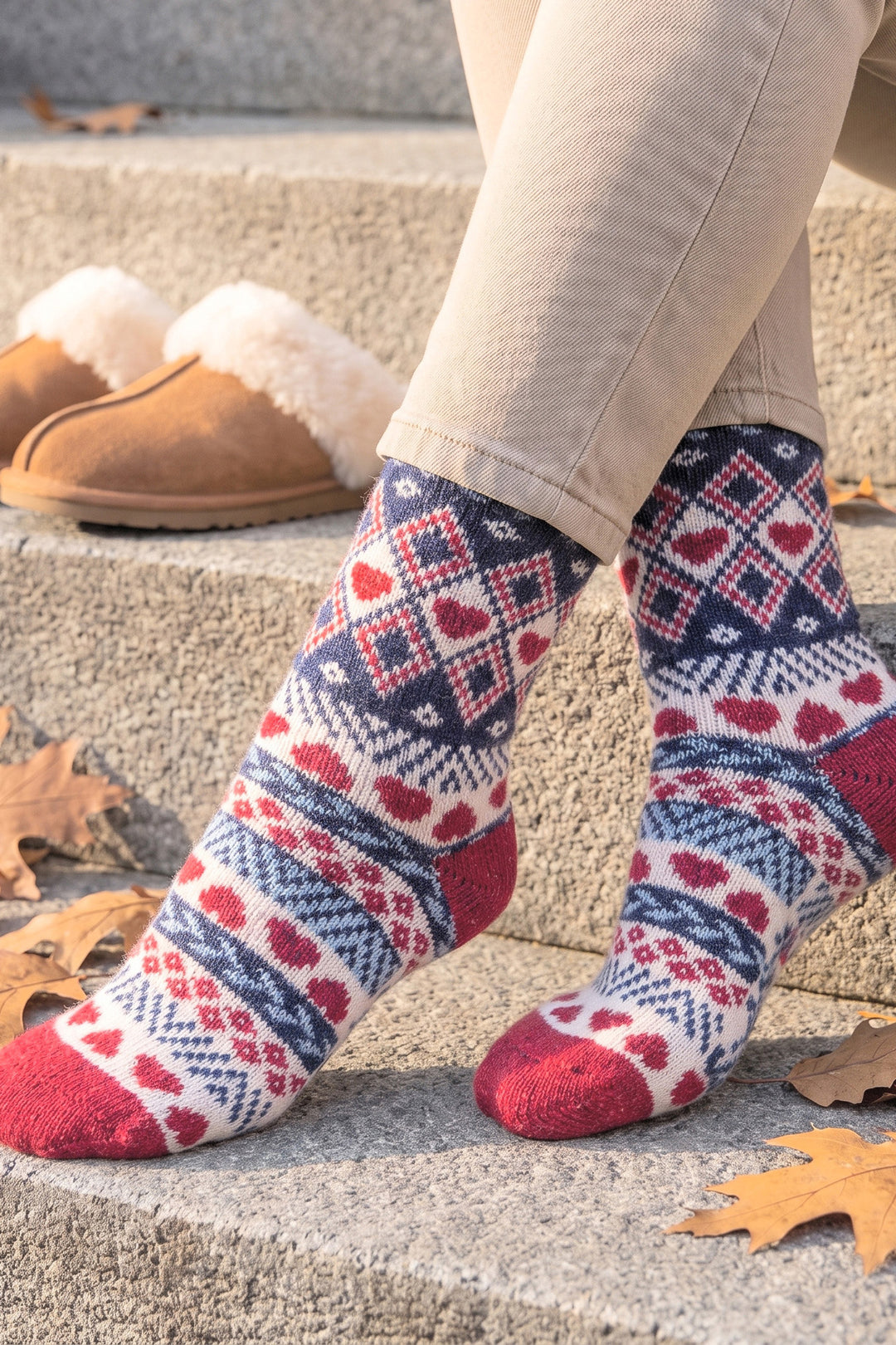 Heart-Fair-Isle-Patterned-Wool-Socks-in-Navy-Blue/Red