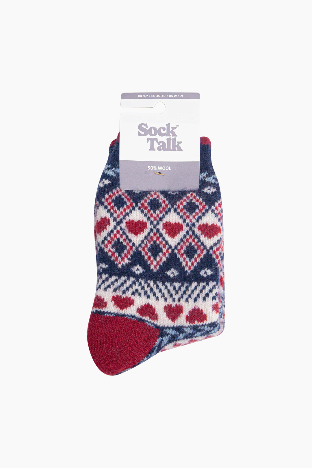 Heart-Fair-Isle-Patterned-Wool-Socks-in-Navy-Blue/Red-In-Packaging