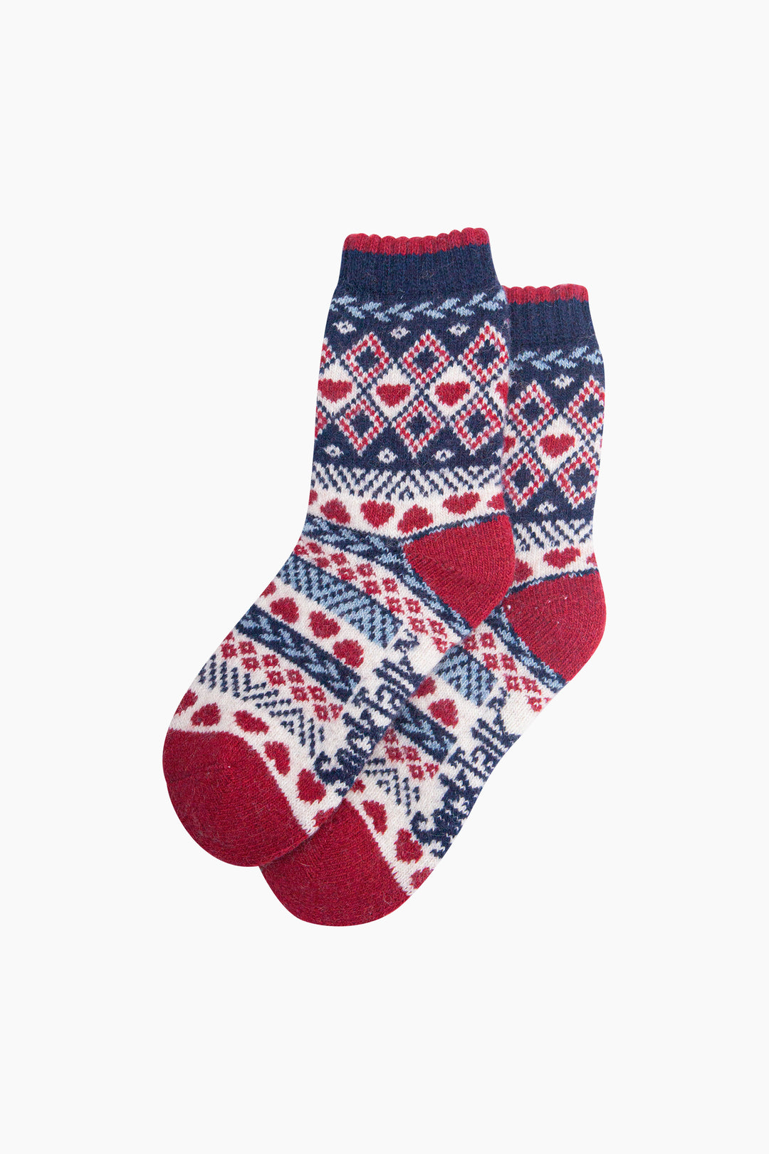 Heart-Fair-Isle-Patterned-Wool-Socks-in-Navy-Blue/Red-Laid-Flat