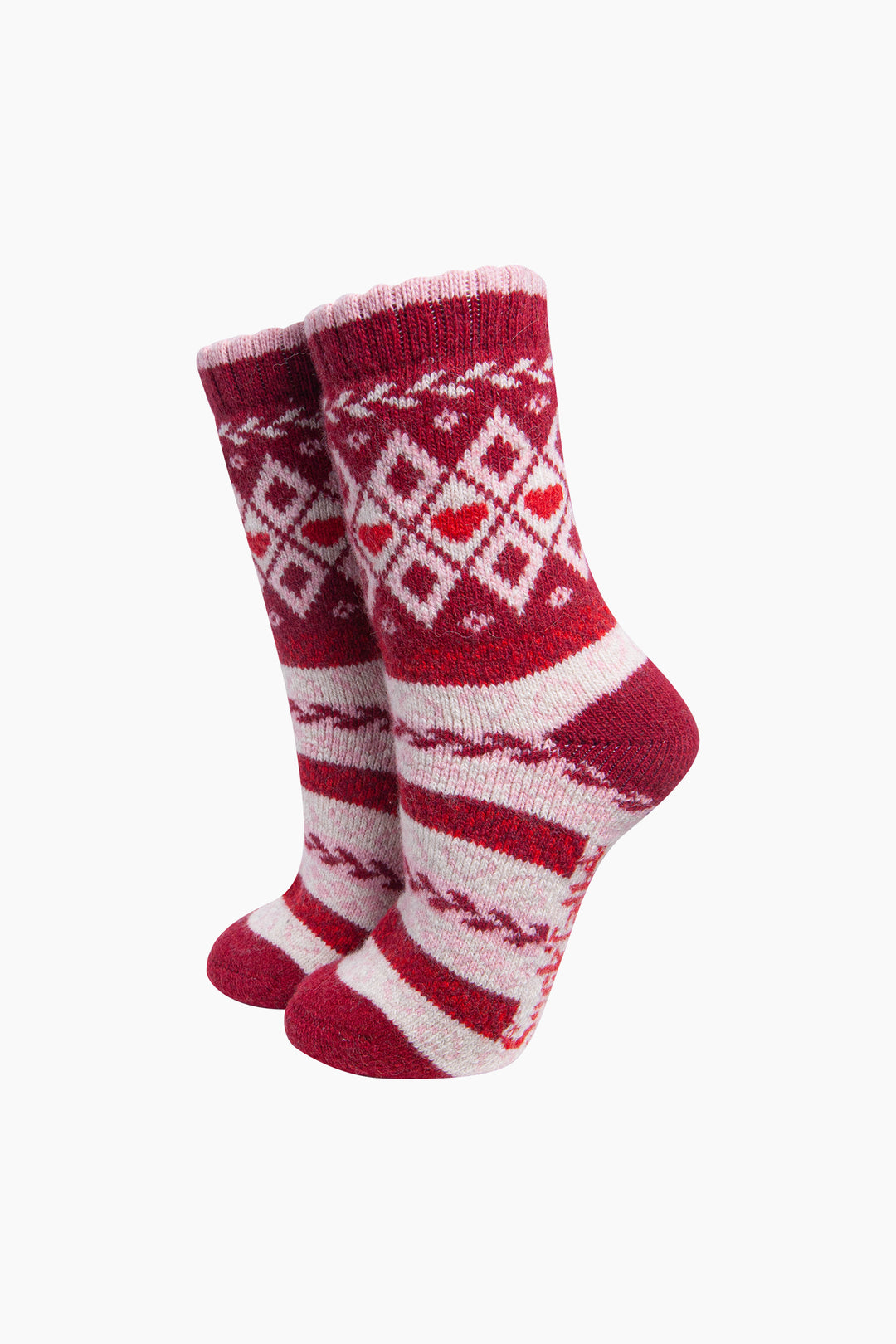 Heart-Fair-Isle-Patterned-Wool-Socks-in-Red/Burgundy-On-Mannequin