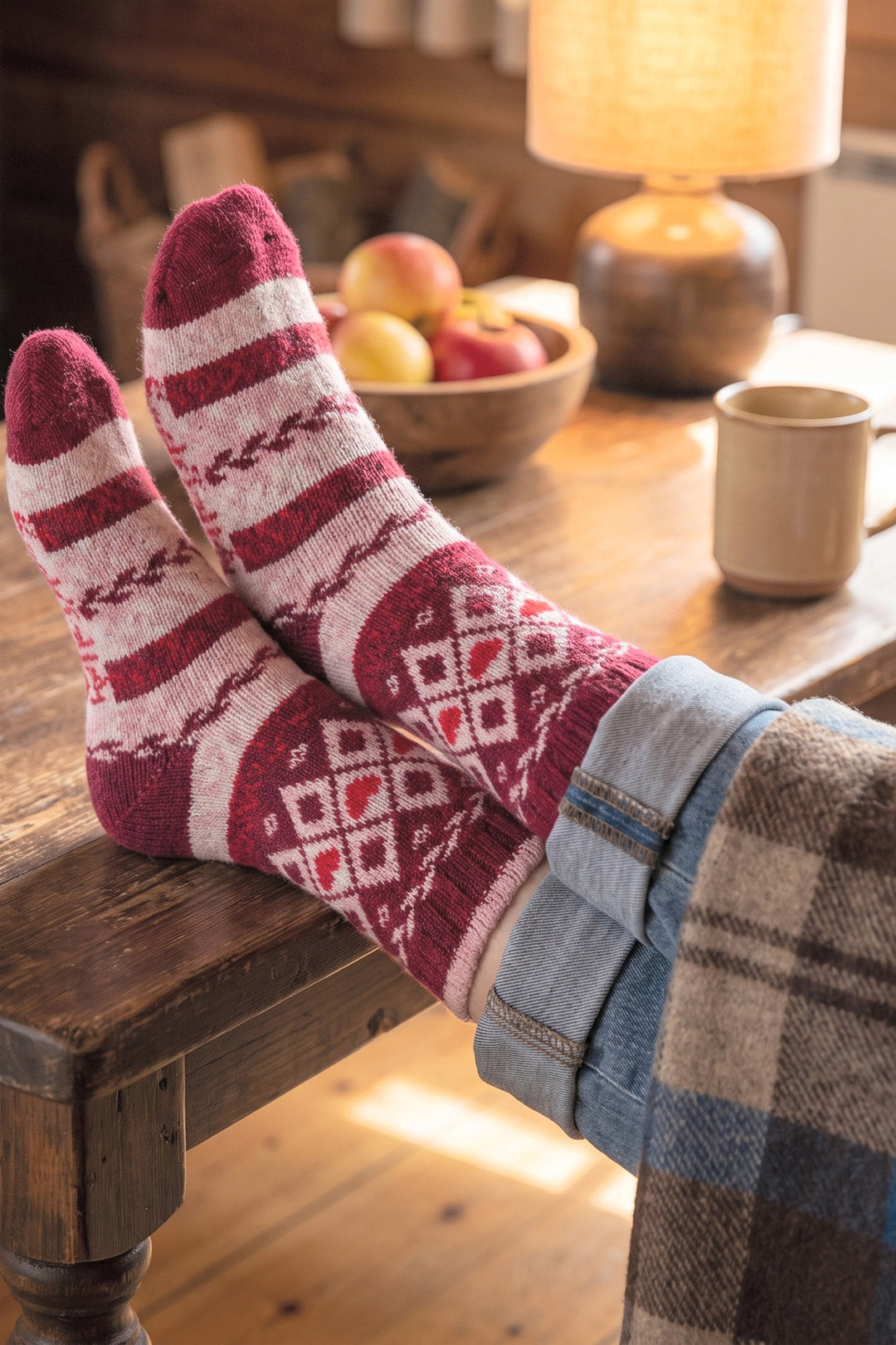 Heart-Fair-Isle-Patterned-Wool-Socks-in-Red/Burgundy