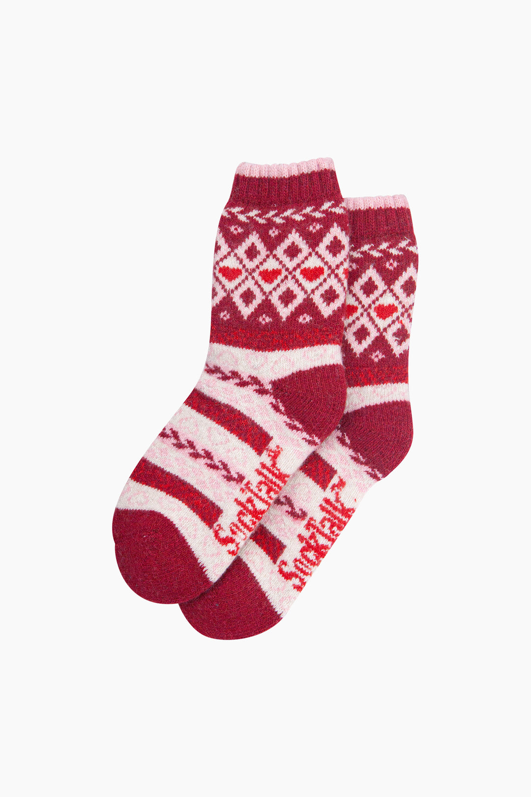 Heart-Fair-Isle-Patterned-Wool-Socks-in-Red/Burgundy-Laid-Flat
