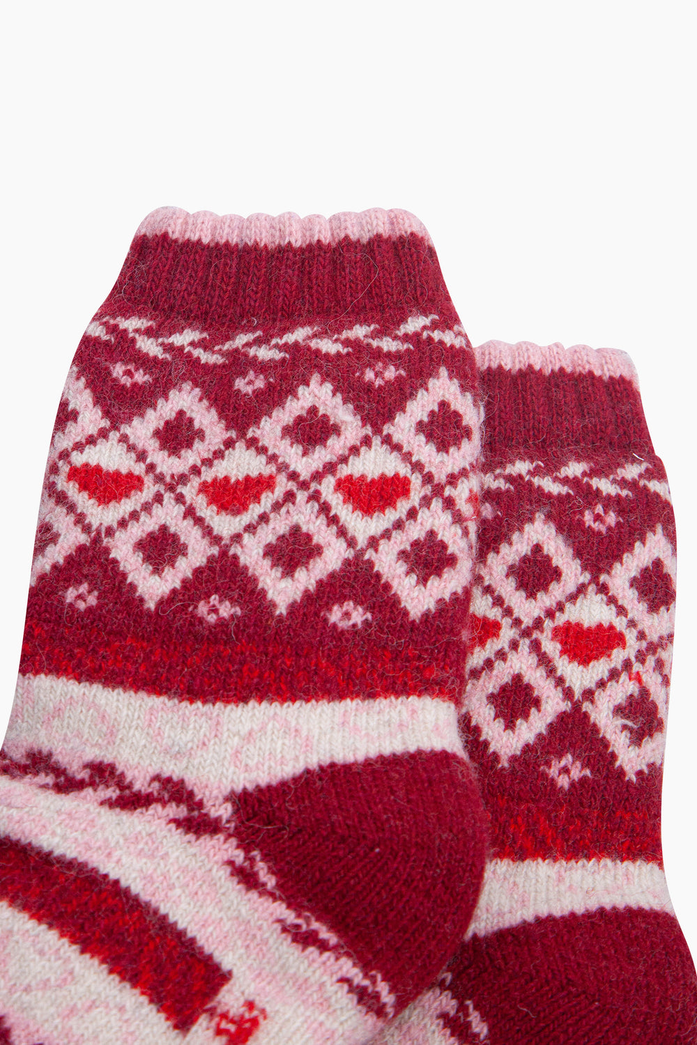 Heart-Fair-Isle-Patterned-Wool-Socks-in-Red/Burgundy-Close-Up