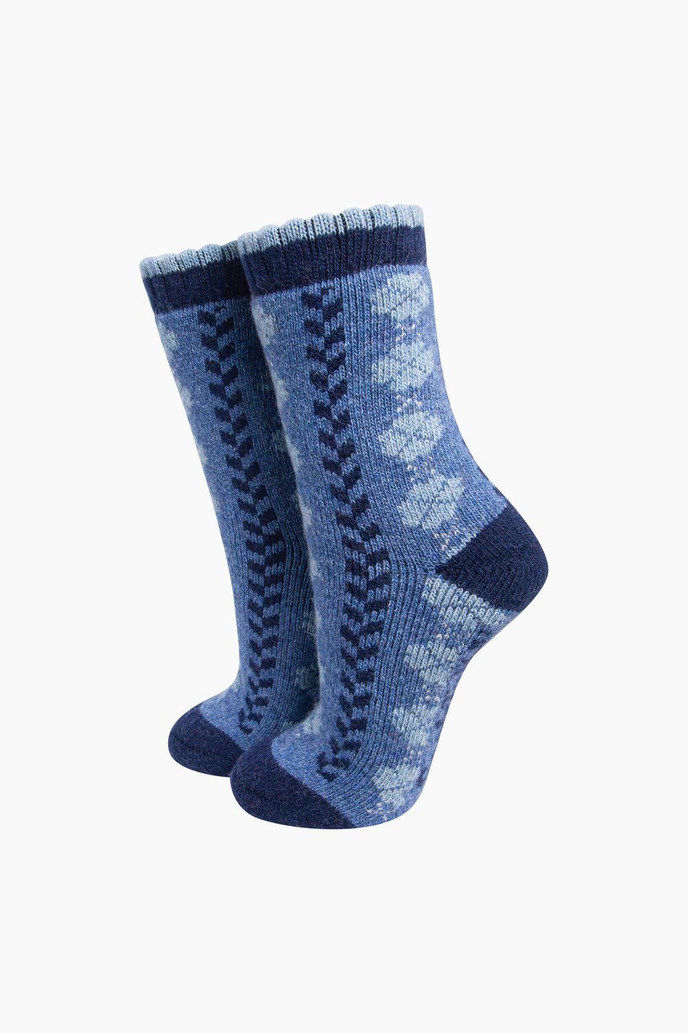 Flower-Patterned-Wool-Socks-in-Denim-Blue-On-Mannequin