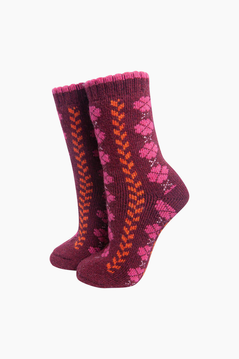 Flower-Patterned-Wool-Socks-in-Burgundy/Orange-On-Mannequin