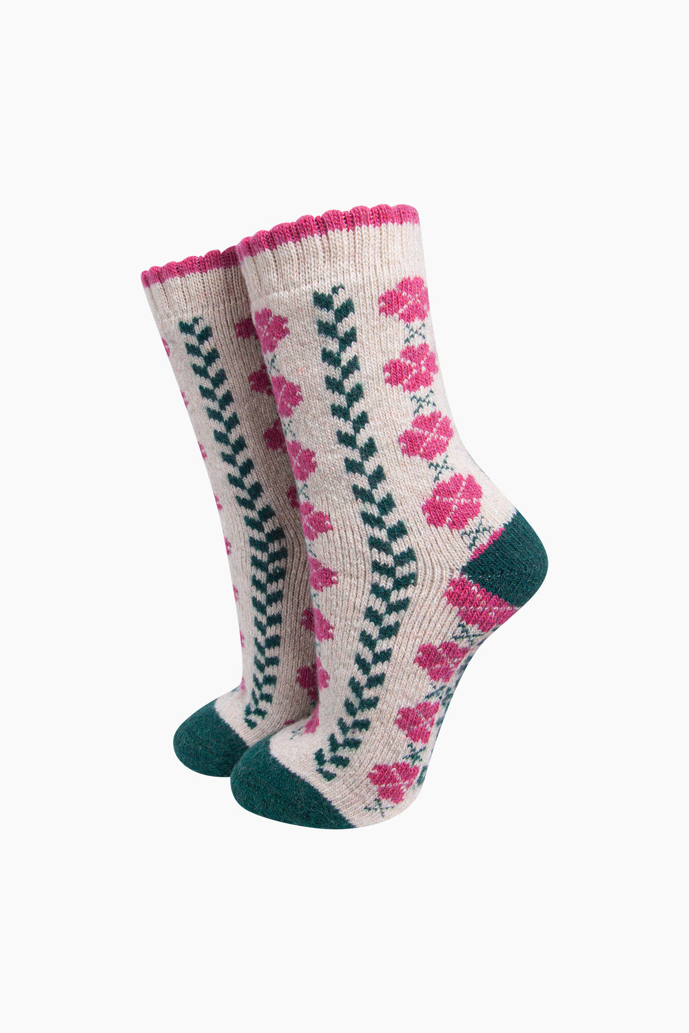 Flower-Patterned-Wool-Socks-in-Raspberry/Green-On-Mannequin